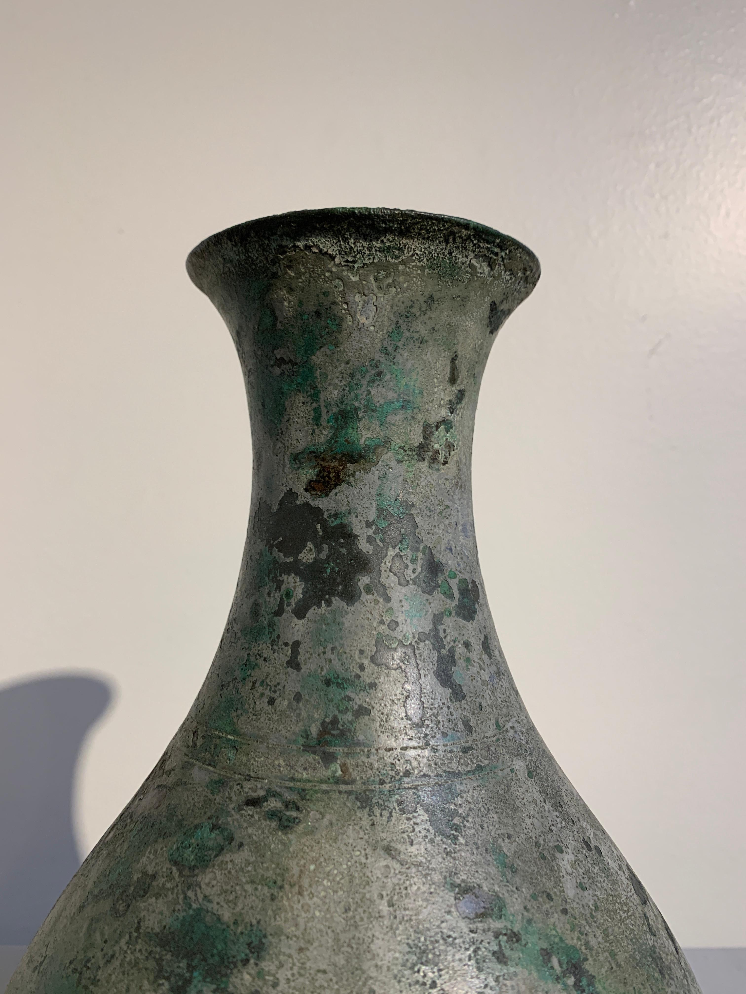 Cast Korean Bronze Vase with Silvery Patina, Goryeo Dynasty, 13th Century For Sale