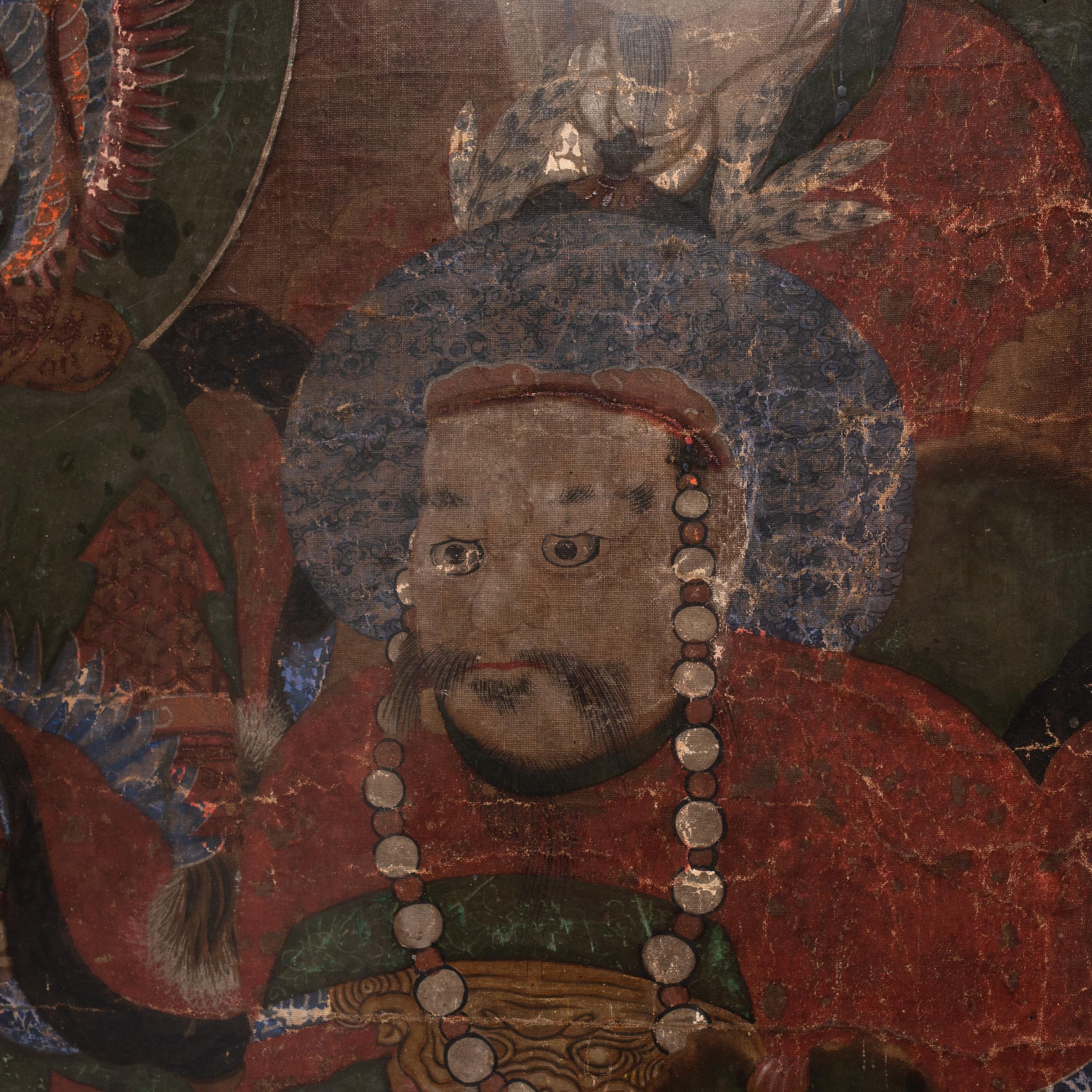 19th Century Korean Buddhist Guardian Mural Taenghwa Painting, c. 1800 For Sale