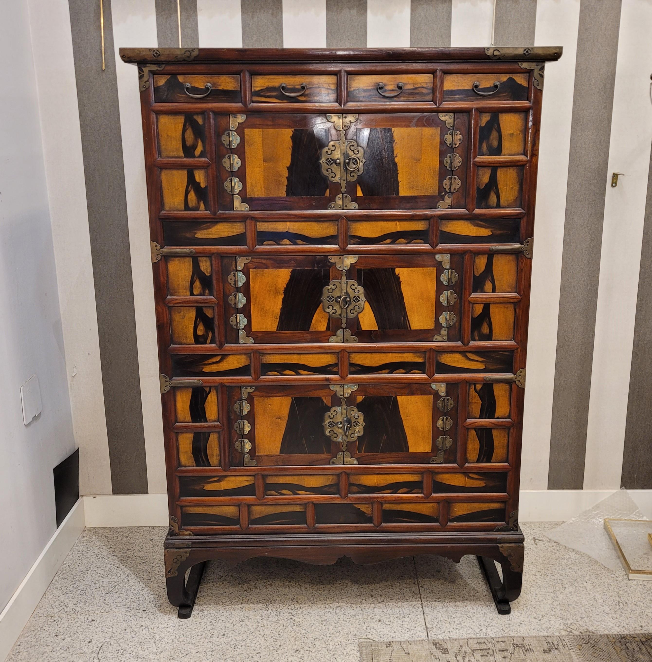 Hand-Crafted Korean Cabinet furniture “Samcheungjang”, fruit wood and bronze fittings