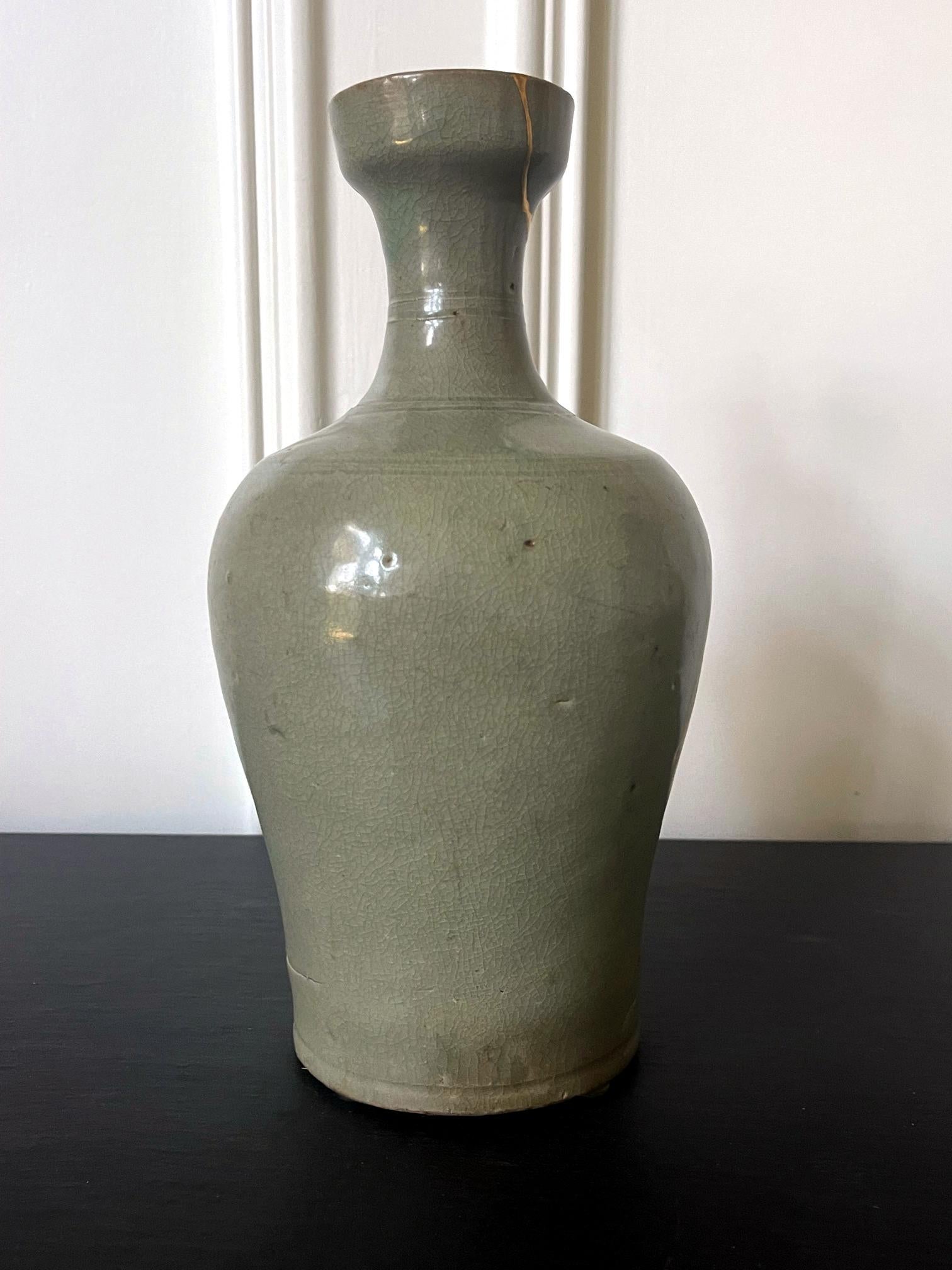 18th Century and Earlier Korean Caledon Vase Bottle with Kintsugi Repair Goryeo Dynasty For Sale