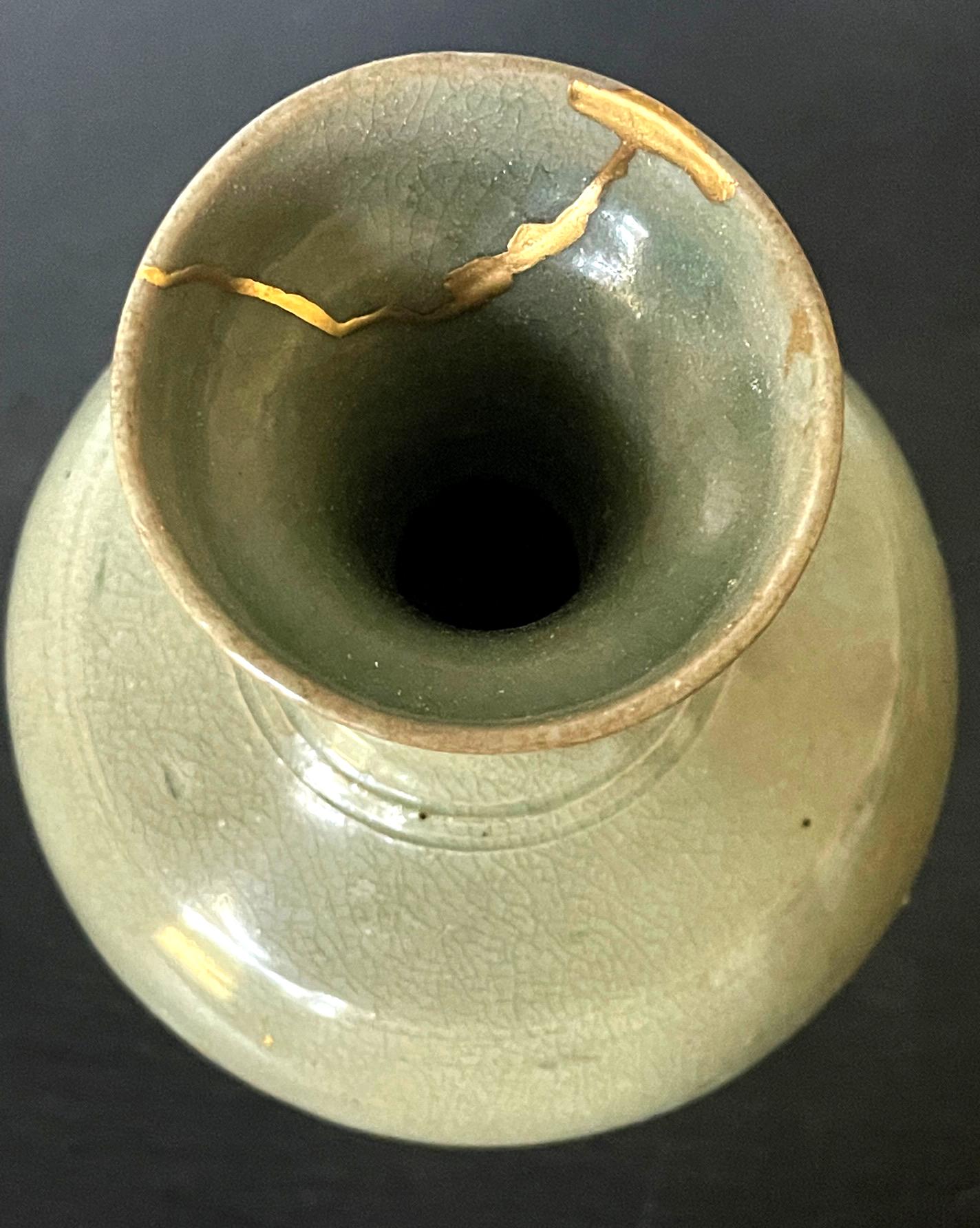 Ceramic Korean Caledon Vase Bottle with Kintsugi Repair Goryeo Dynasty For Sale