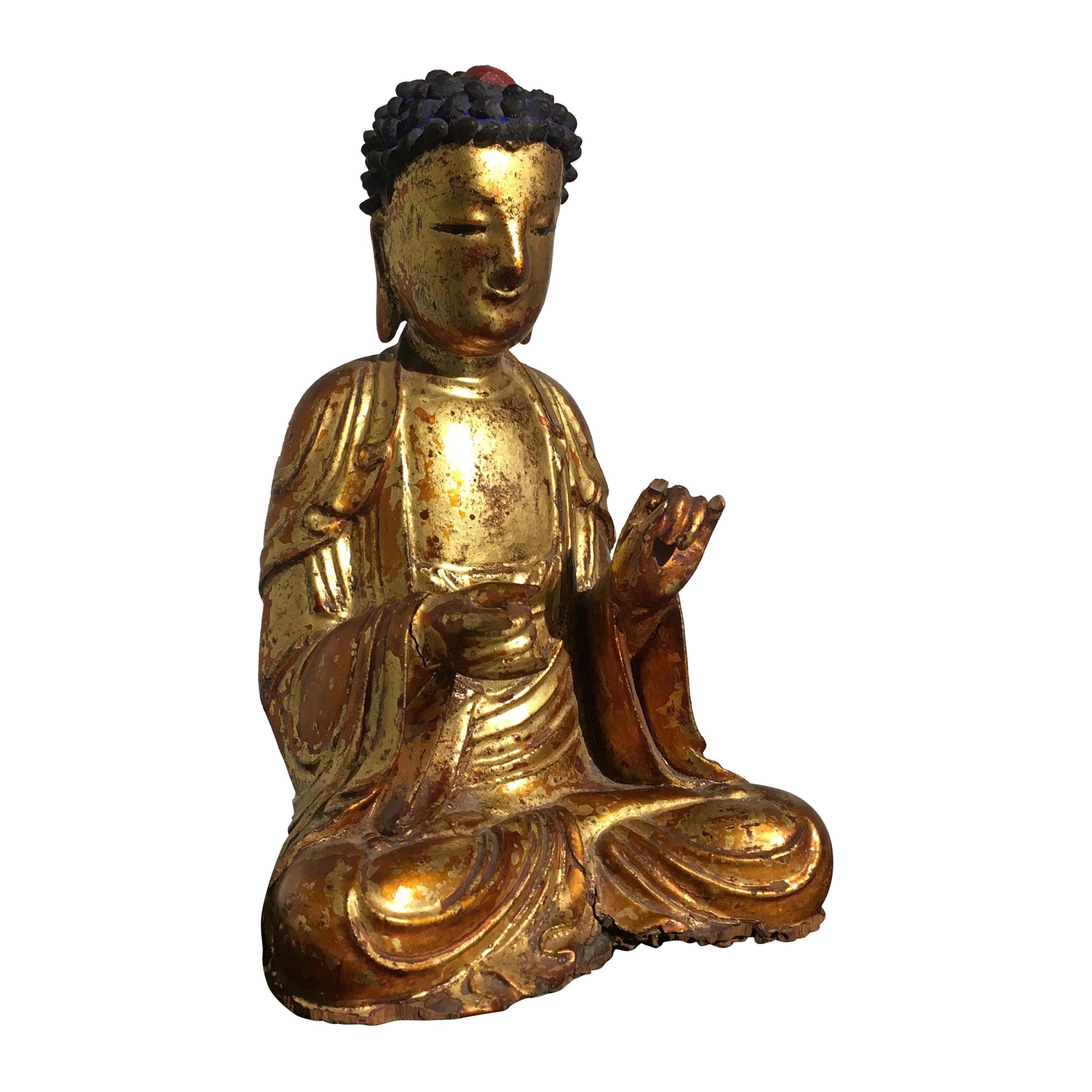 Bouddha coréen en bois sculpté et doré:: dynastie Joseon:: 19e siècle