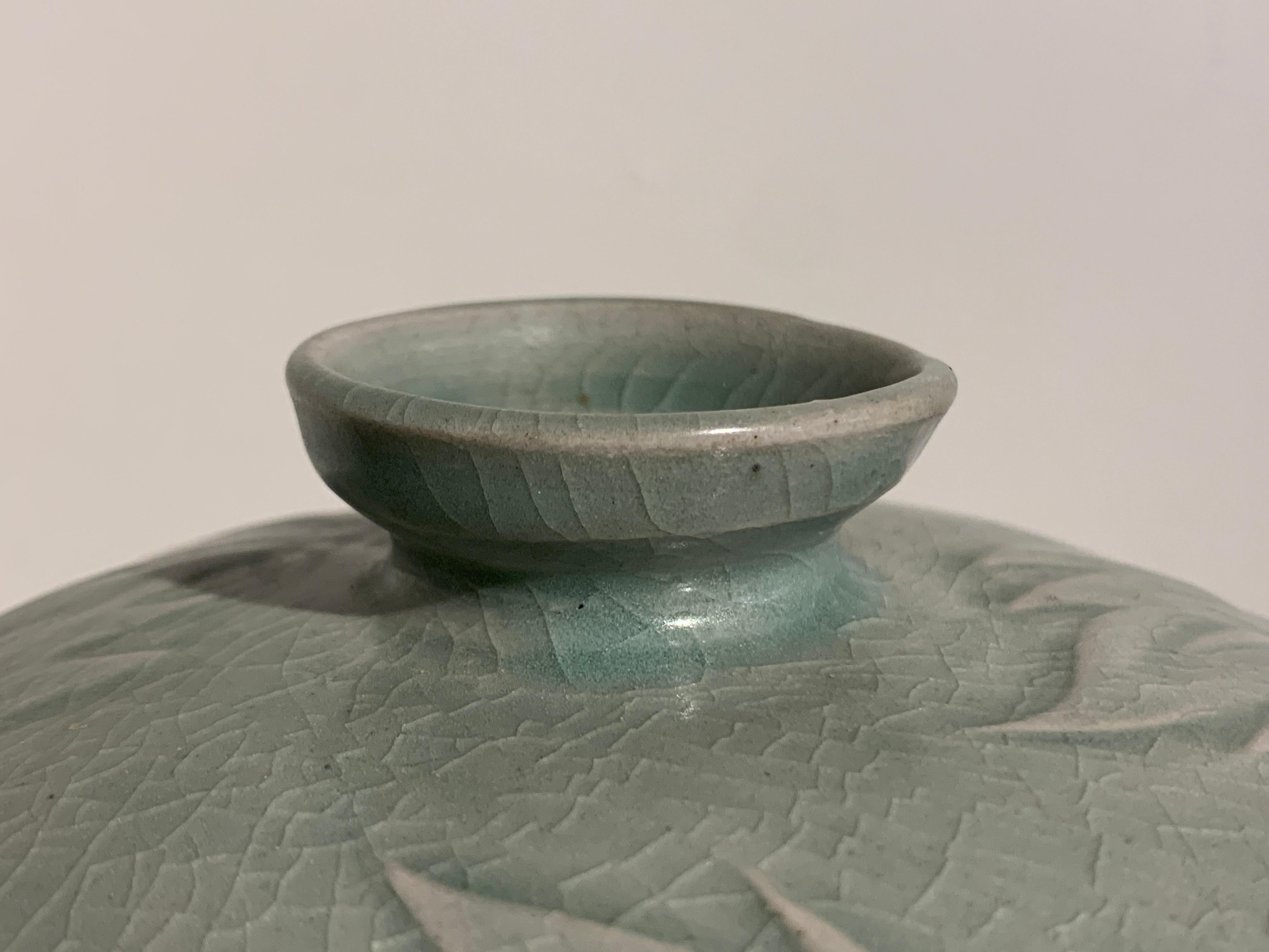 Glazed Korean Carved Celadon Vase, Maebyeong, Goryeo Style, Early 20th Century For Sale