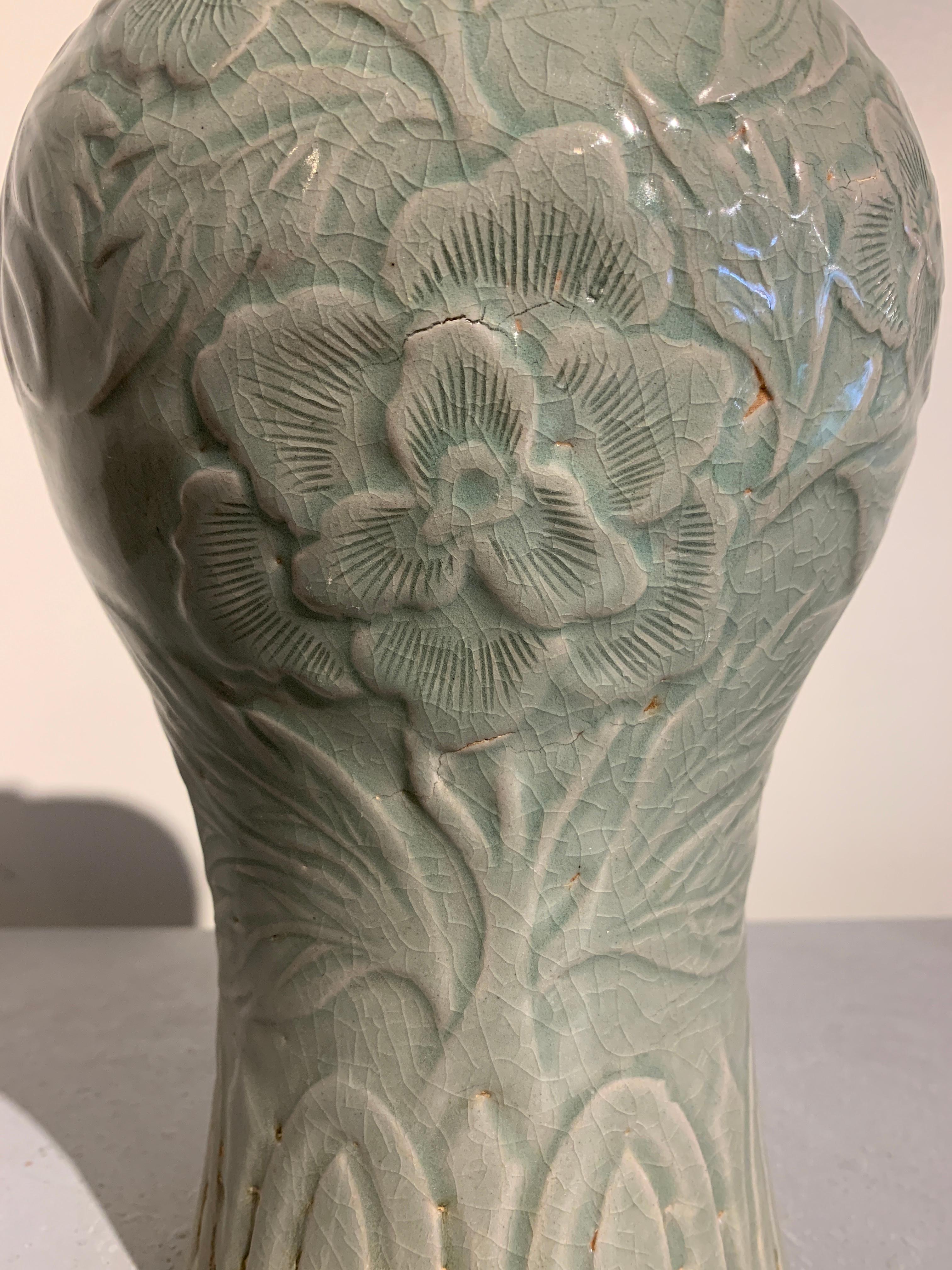 Korean Carved Celadon Vase, Maebyeong, Goryeo Style, Early 20th Century In Good Condition For Sale In Austin, TX