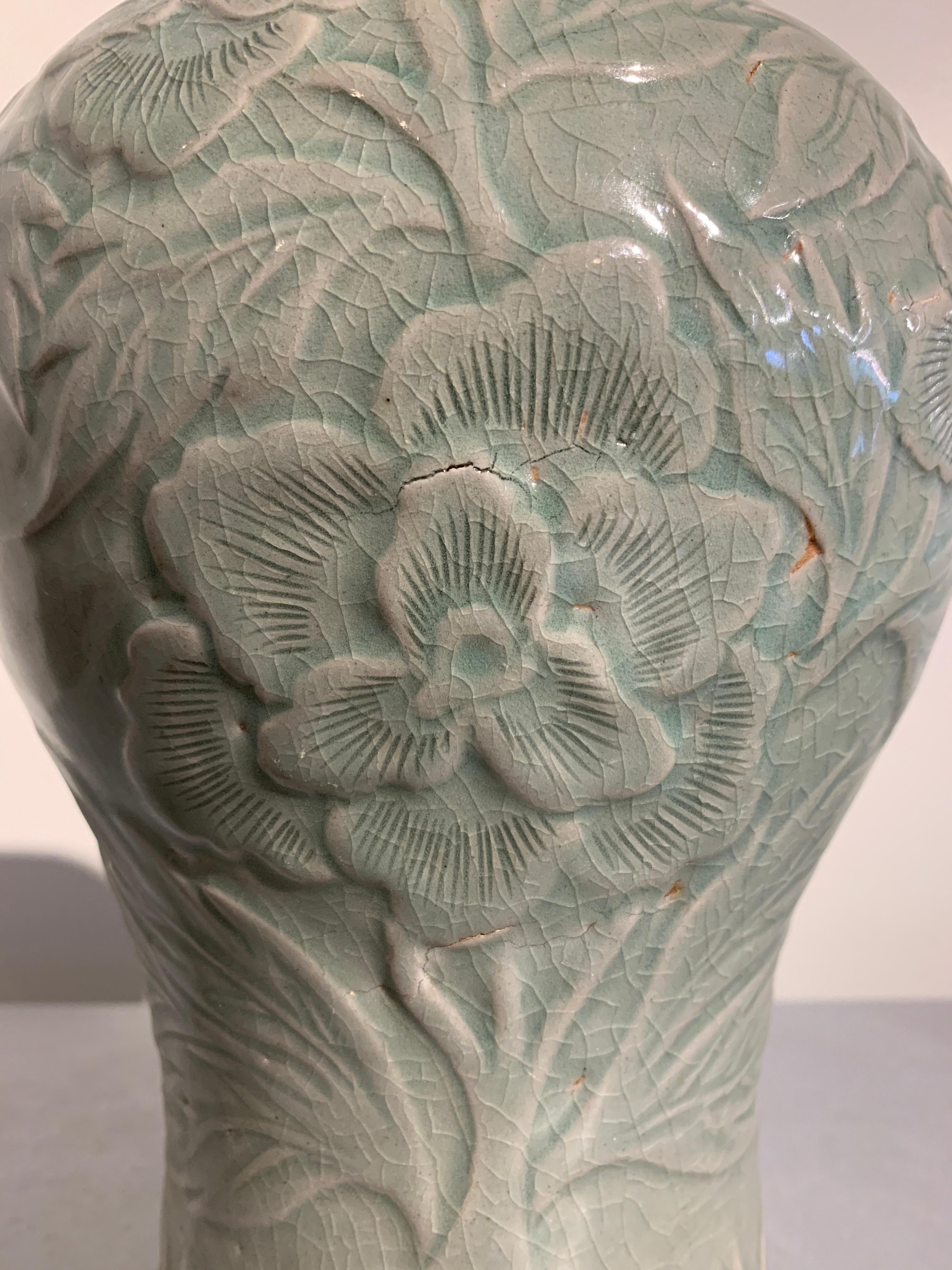 Stoneware Korean Carved Celadon Vase, Maebyeong, Goryeo Style, Early 20th Century For Sale