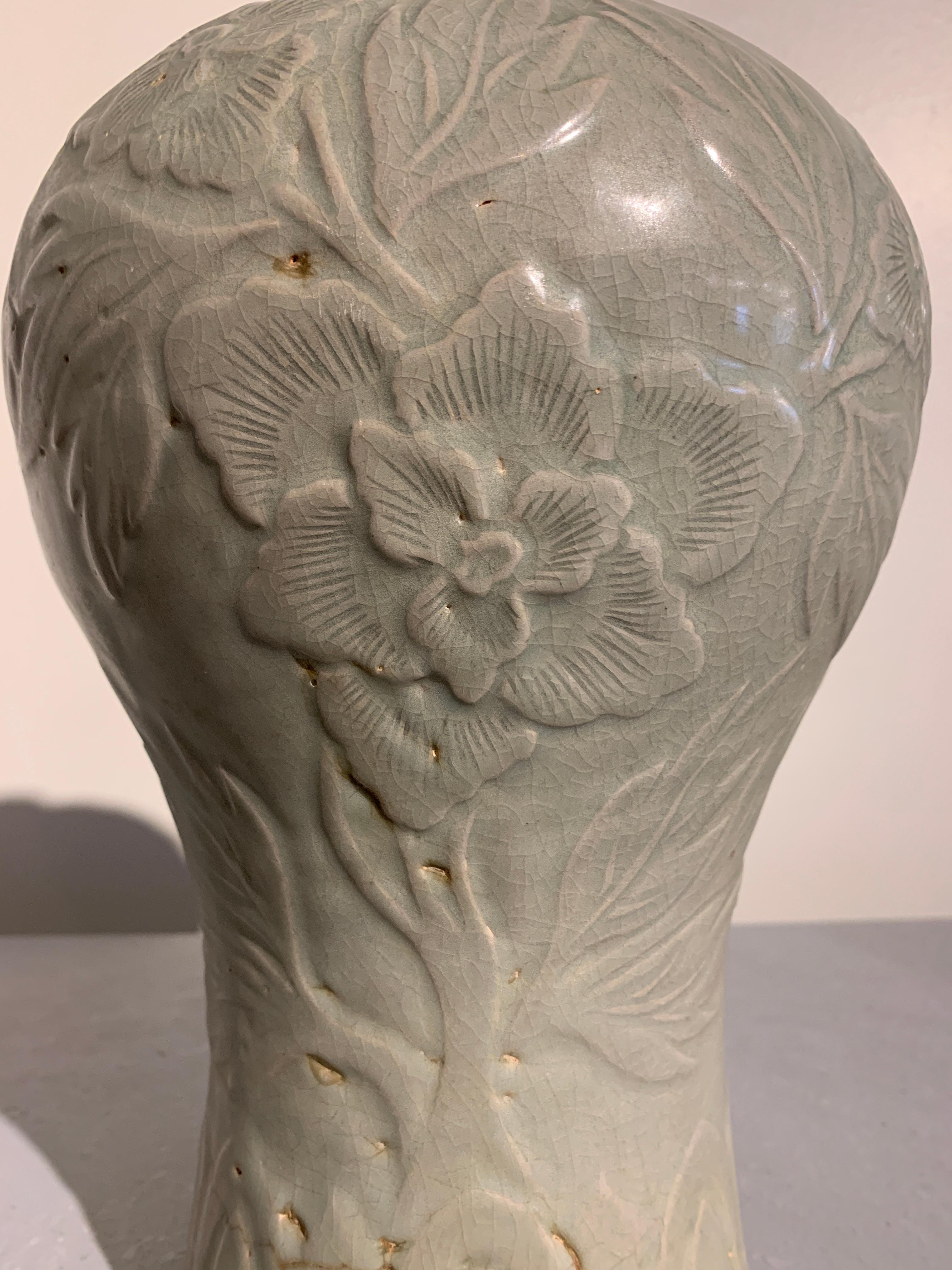 Korean Carved Celadon Vase, Maebyeong, Goryeo Style, Early 20th Century For Sale 1