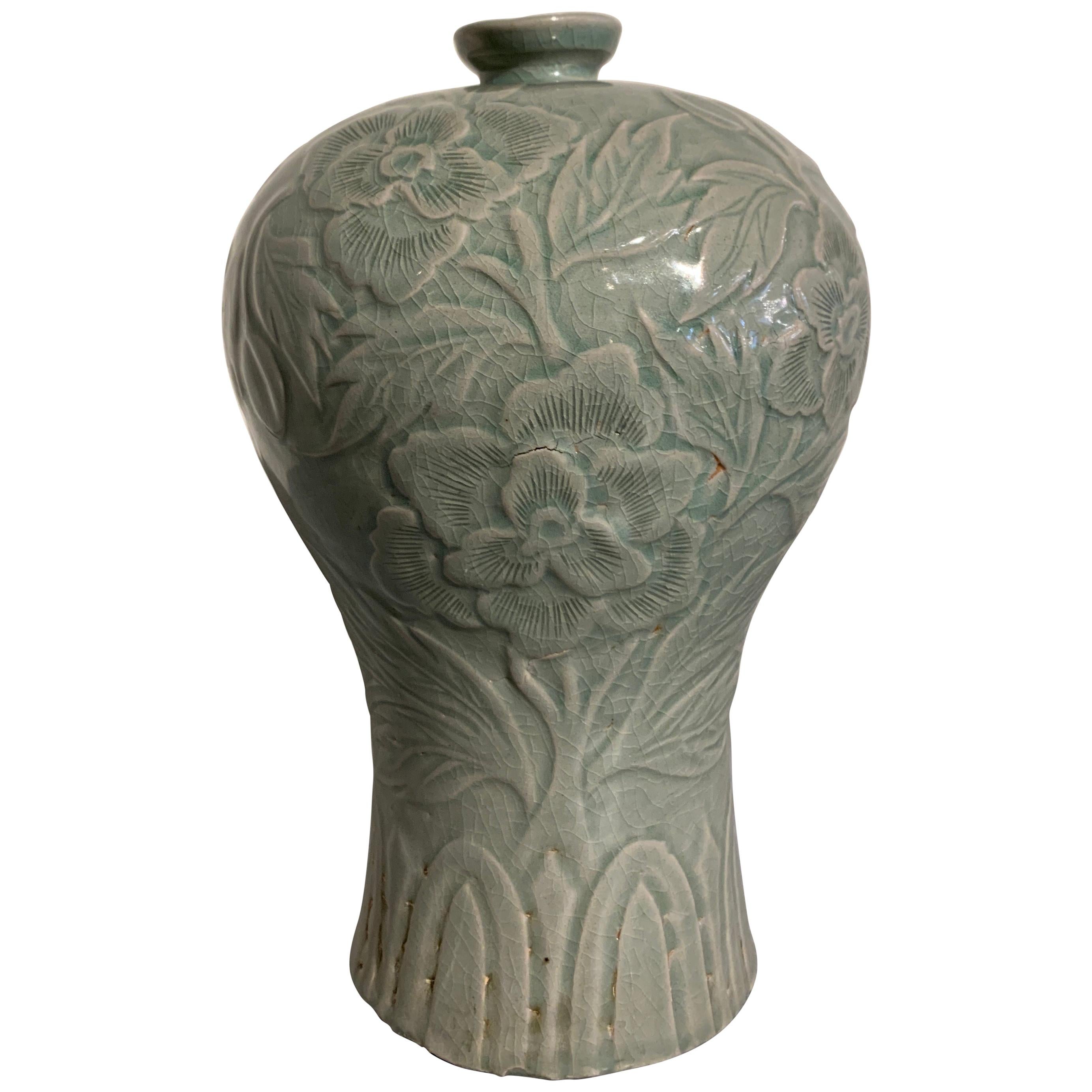 Korean Carved Celadon Vase, Maebyeong, Goryeo Style, Early 20th Century For Sale