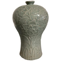 Antique Korean Carved Celadon Vase, Maebyeong, Goryeo Style, Early 20th Century