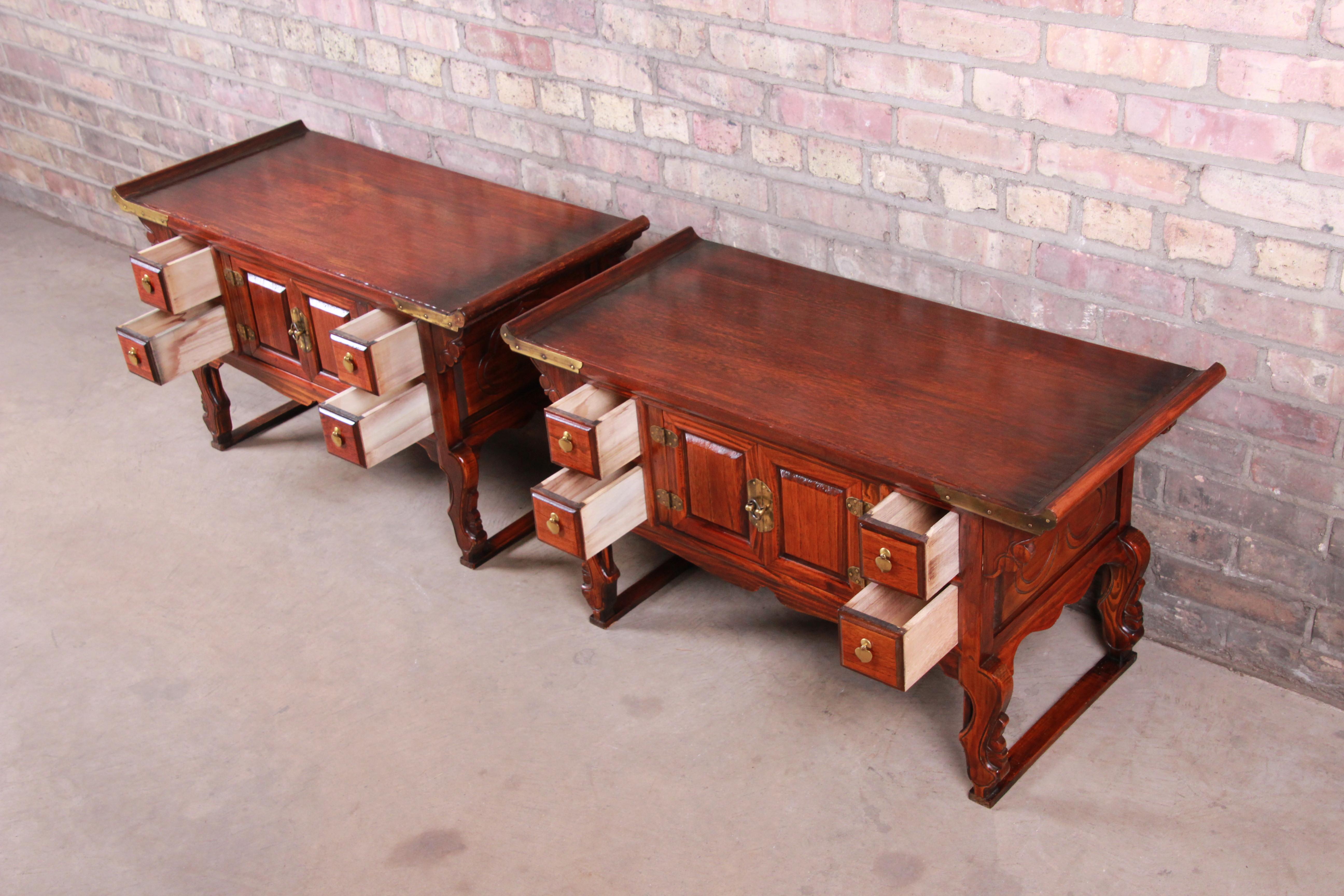 Korean Carved Elm and Brass Low Bedside Chests, Pair 5