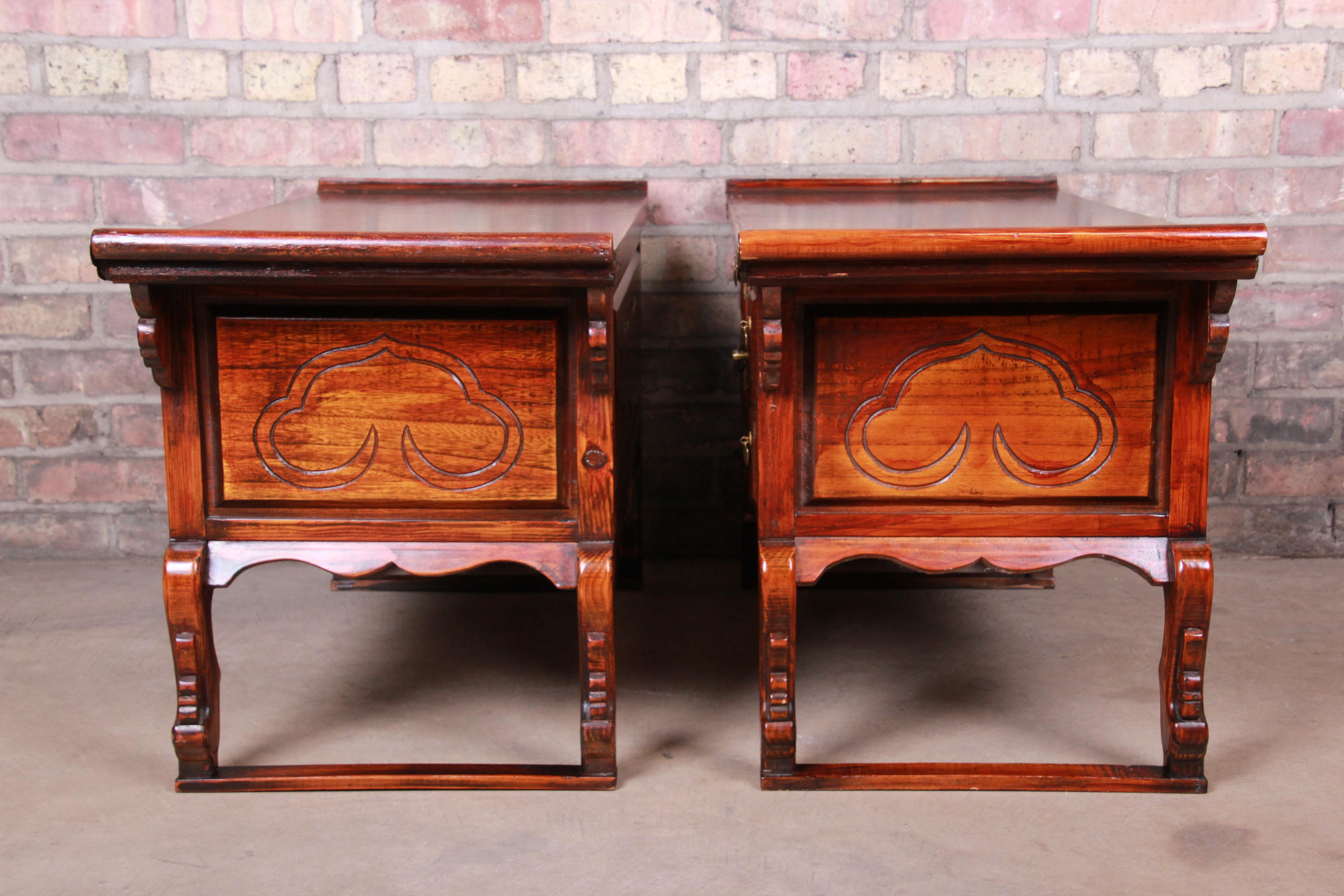 Korean Carved Elm and Brass Low Bedside Chests, Pair 12