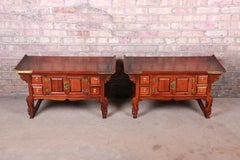 Korean Carved Elm and Brass Low Bedside Chests, Pair