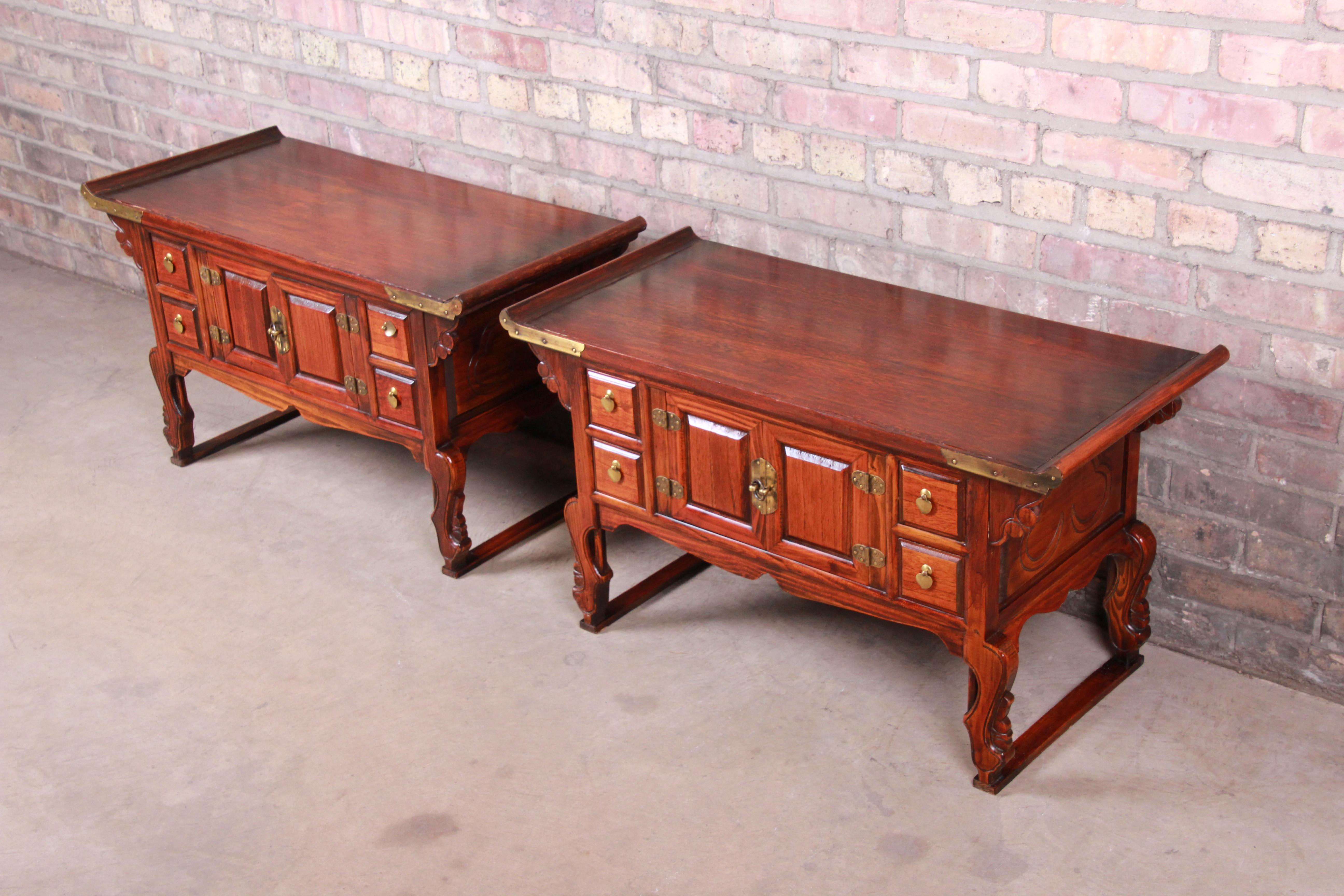 Mid-Century Modern Korean Carved Elm and Brass Low Bedside Chests, Pair