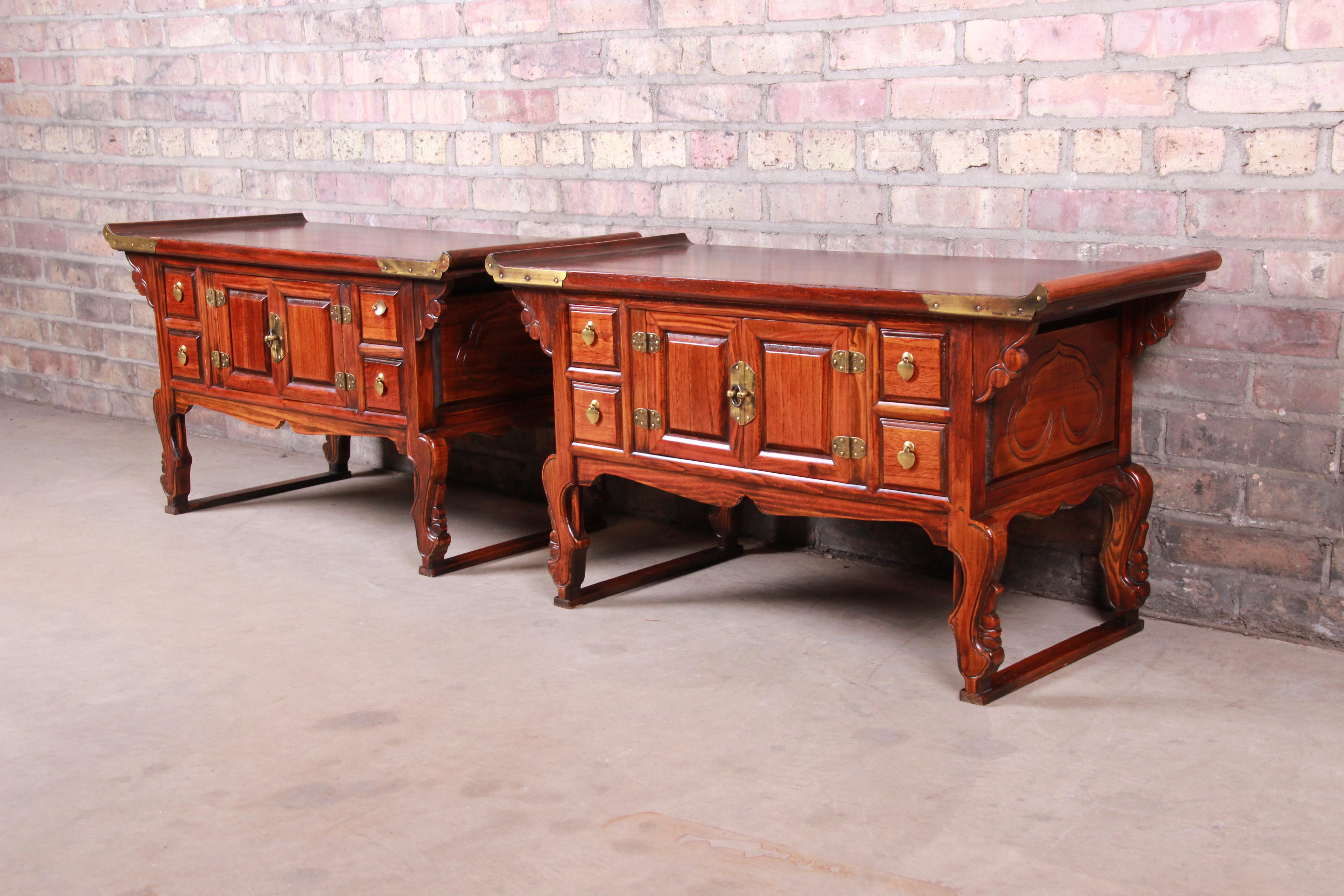 Korean Carved Elm and Brass Low Bedside Chests, Pair In Good Condition In South Bend, IN