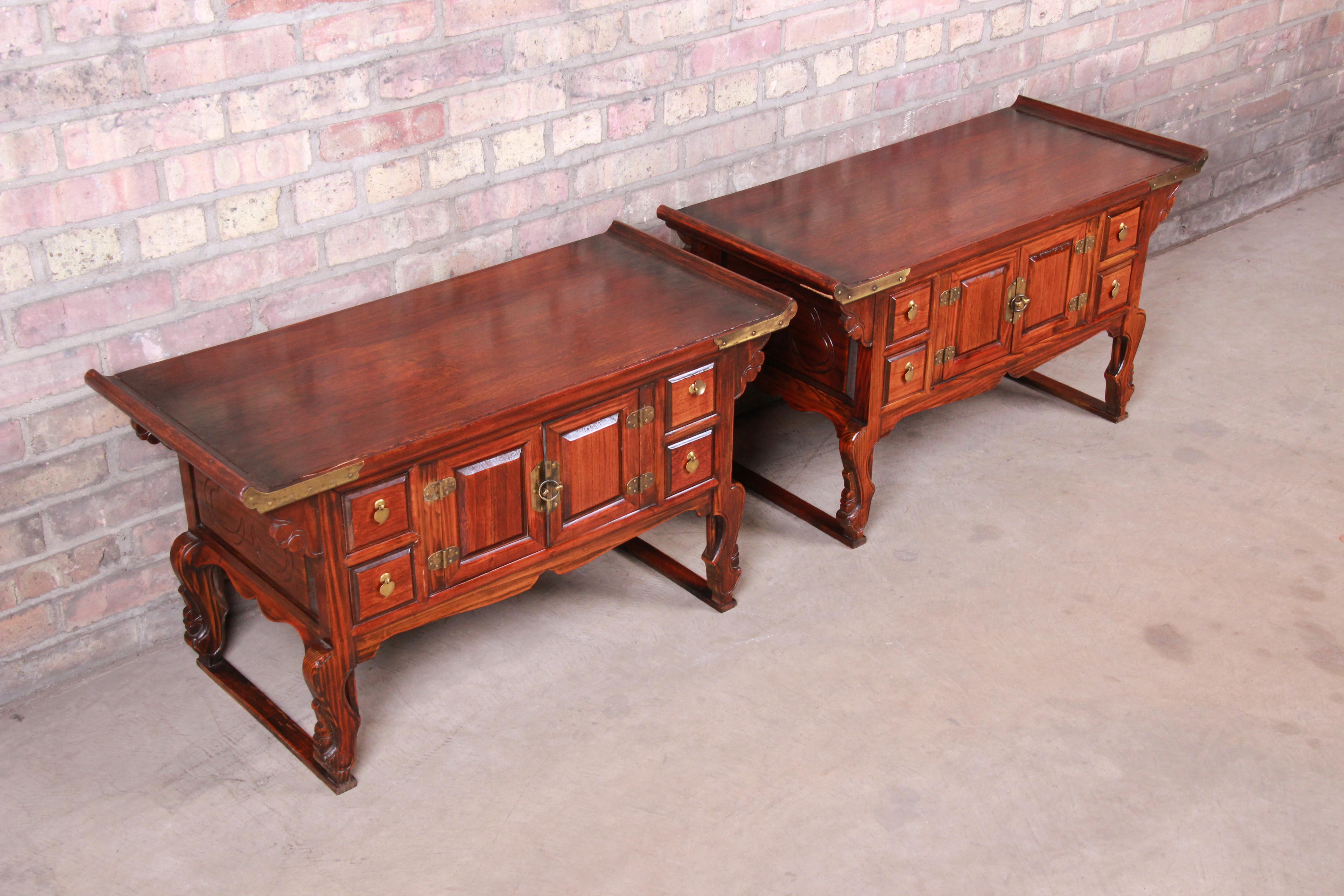 20th Century Korean Carved Elm and Brass Low Bedside Chests, Pair
