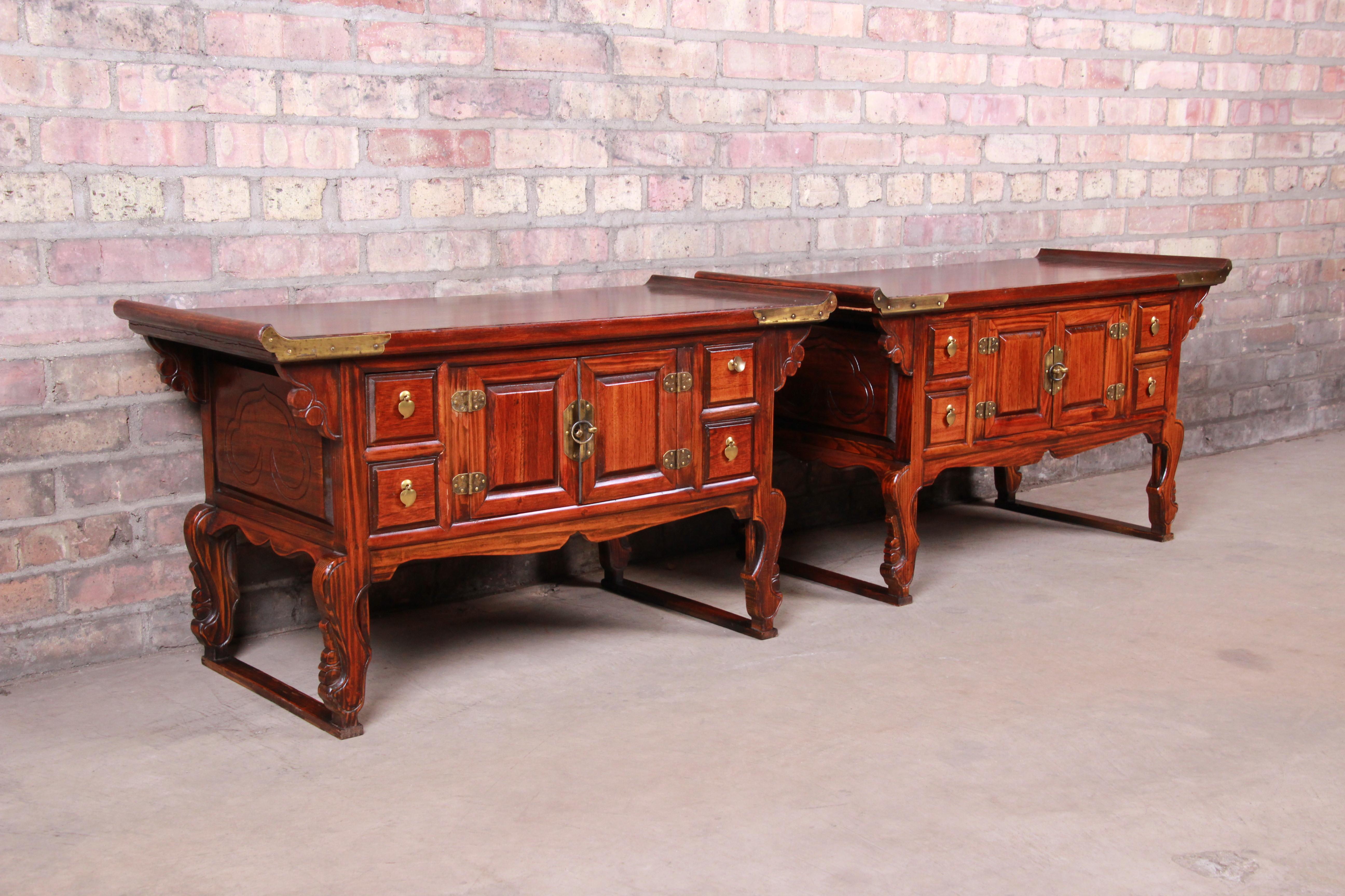 Korean Carved Elm and Brass Low Bedside Chests, Pair 1
