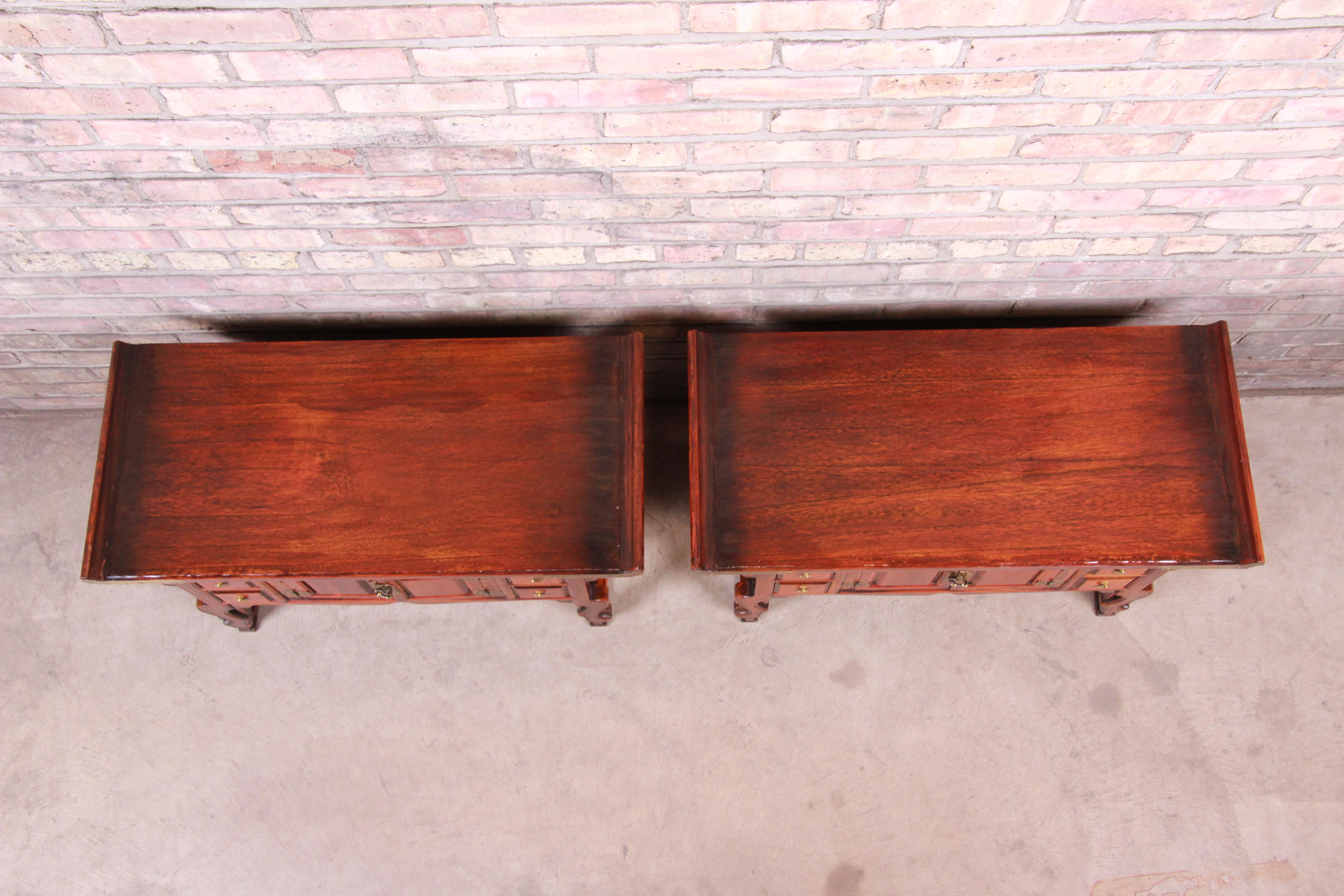 Korean Carved Elm and Brass Low Bedside Chests, Pair 3