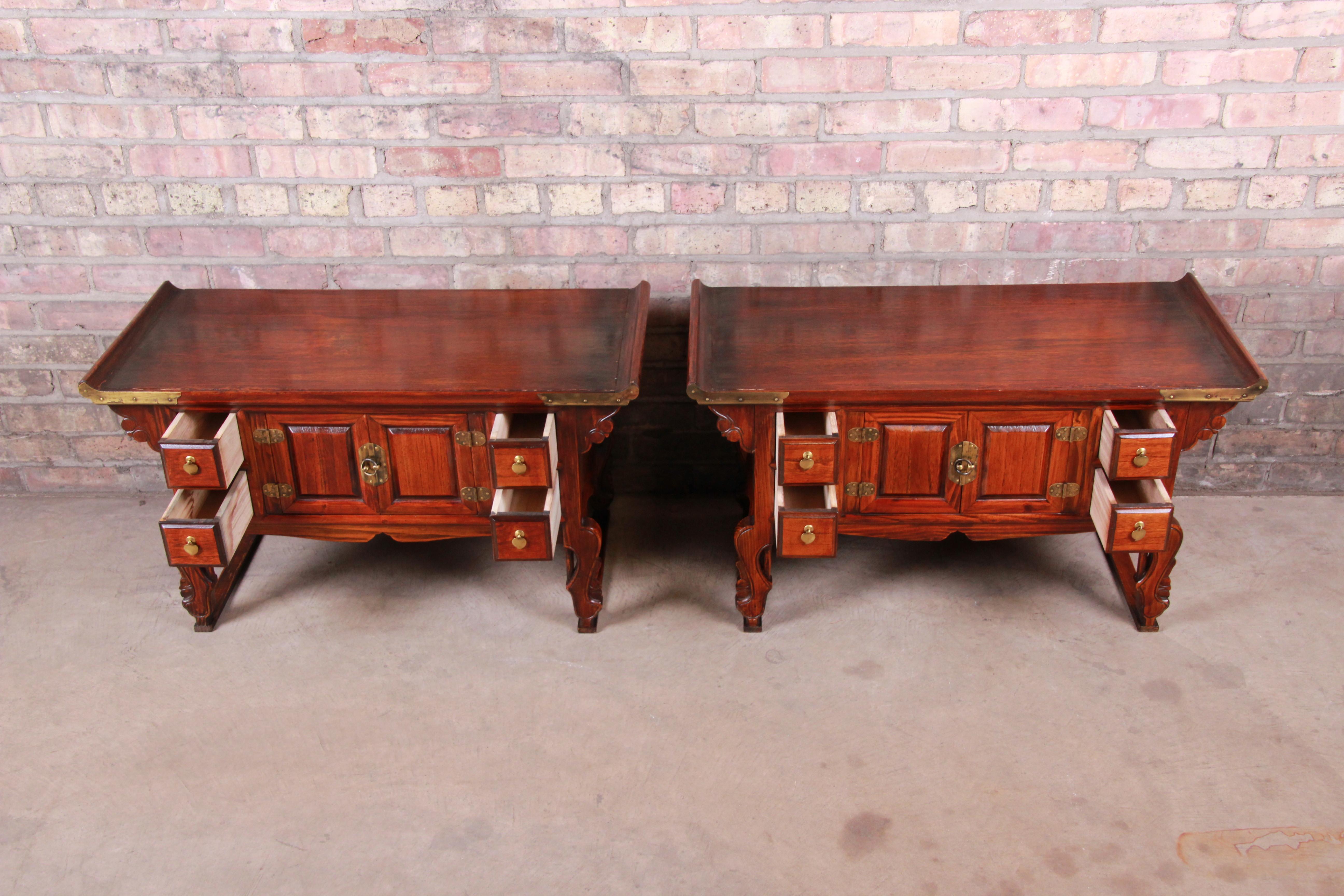 Korean Carved Elm and Brass Low Bedside Chests, Pair 4