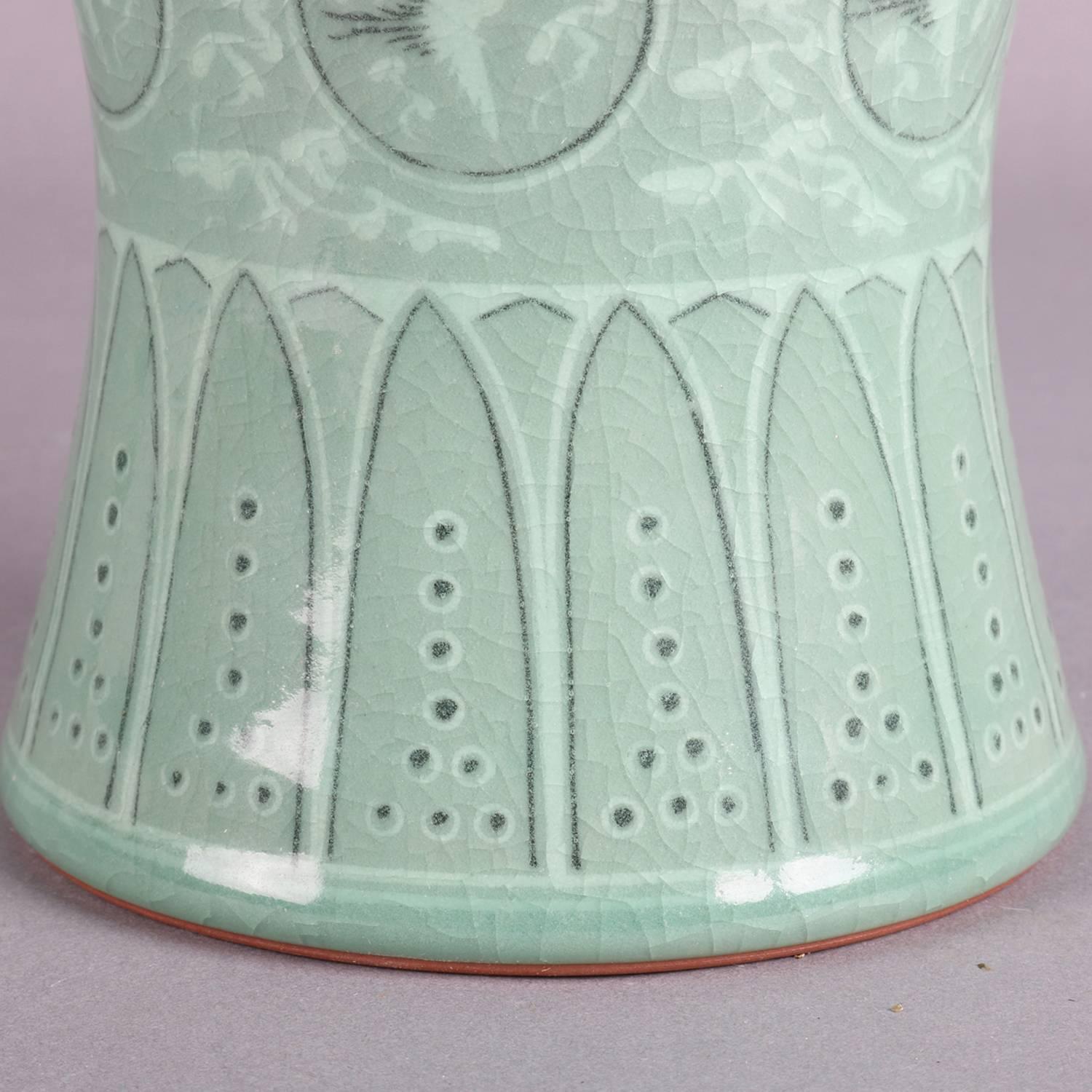 Glazed Korean Celadon Bird Decorated Art Pottery Vase, Signed, 20th Century