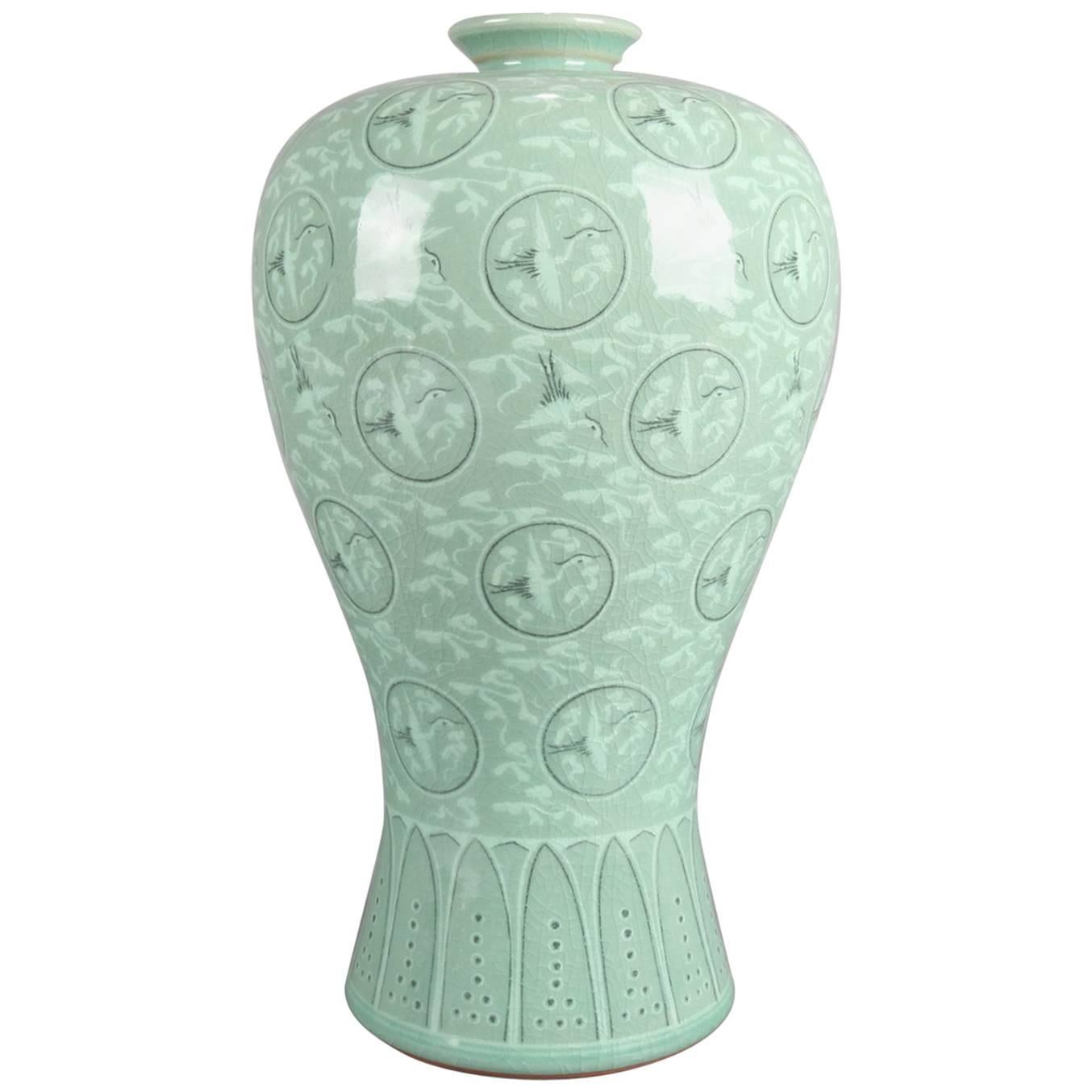 Korean Celadon Bird Decorated Art Pottery Vase, Signed, 20th Century