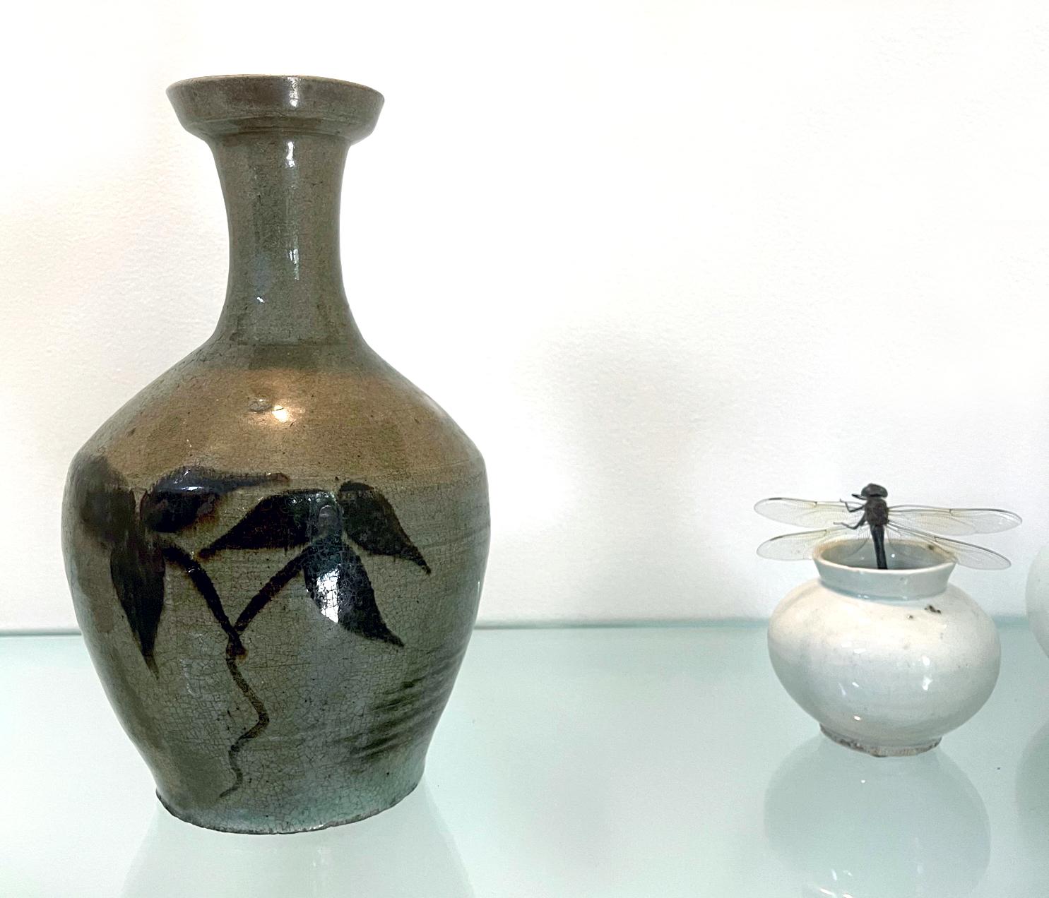 Korean Celadon Bottle Vase with Slip Decoration Goryeo Dynasty 10