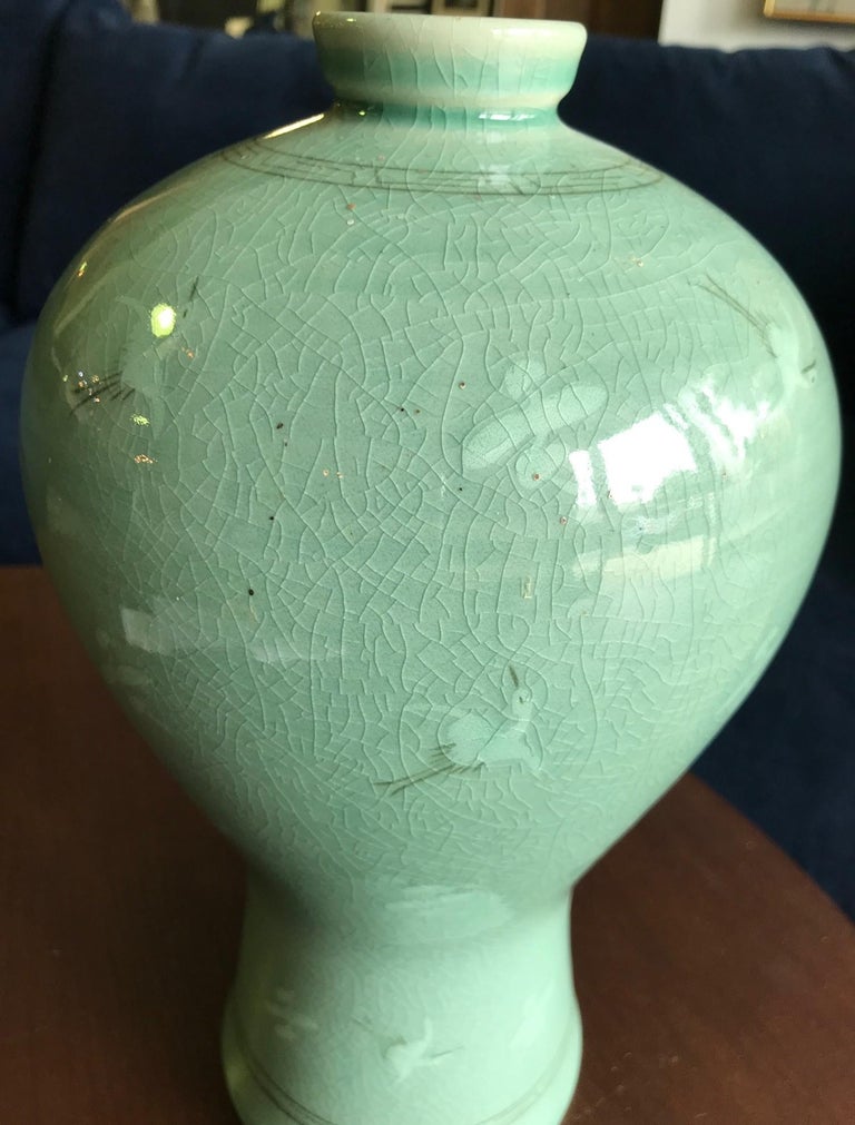Korean Celadon Ceramic Green Crackle Glazed Signed Stamped Vase with Cranes at 1stDibs