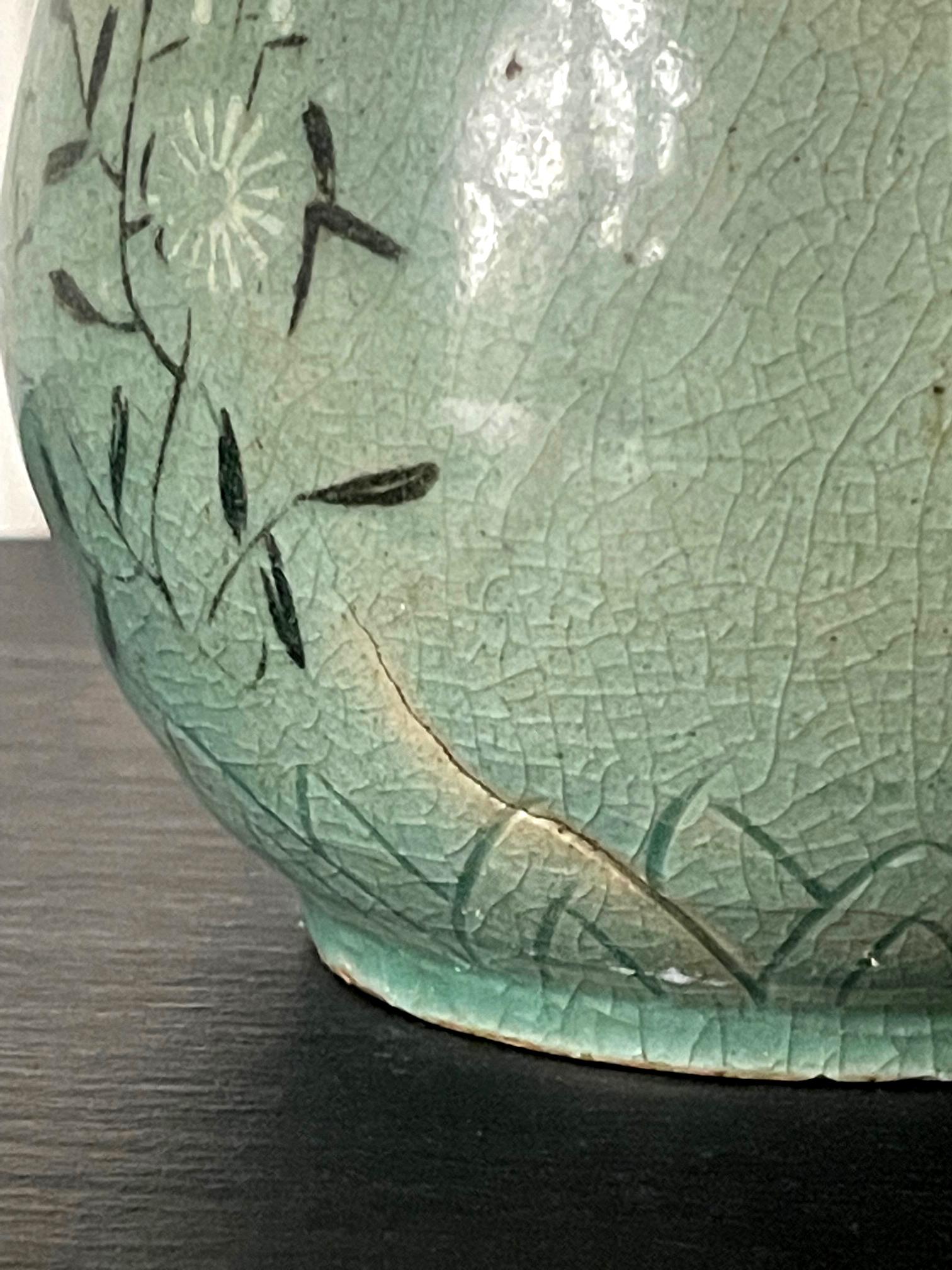 Korean Celadon Ceramic Long Neck Bottle Vase with Slip Inlay Goryeo Dynasty For Sale 4