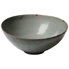 Antique Korean Celadon Glazed Bowl with Interior Carved Design of Three Phoenixes