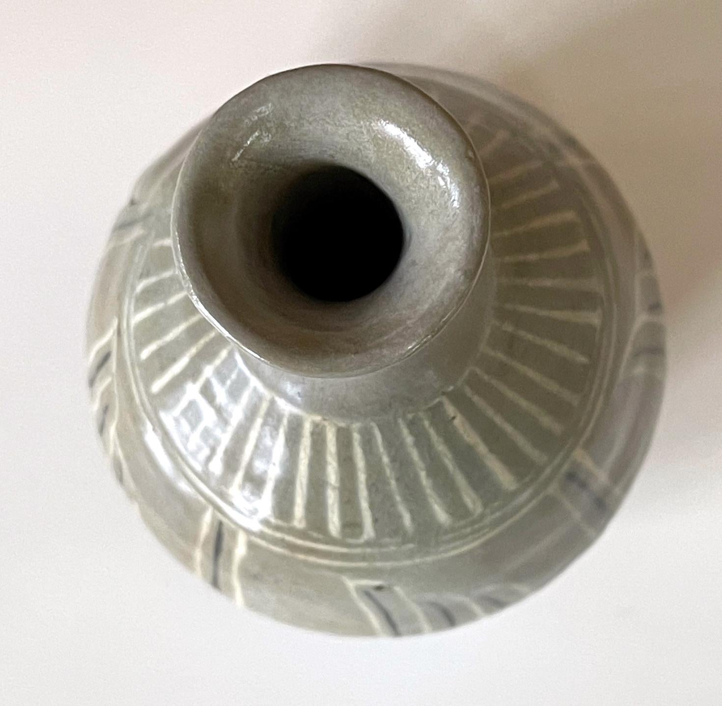 Archaistic Korean Celadon Inlay Vase Goryeo Dynasty For Sale