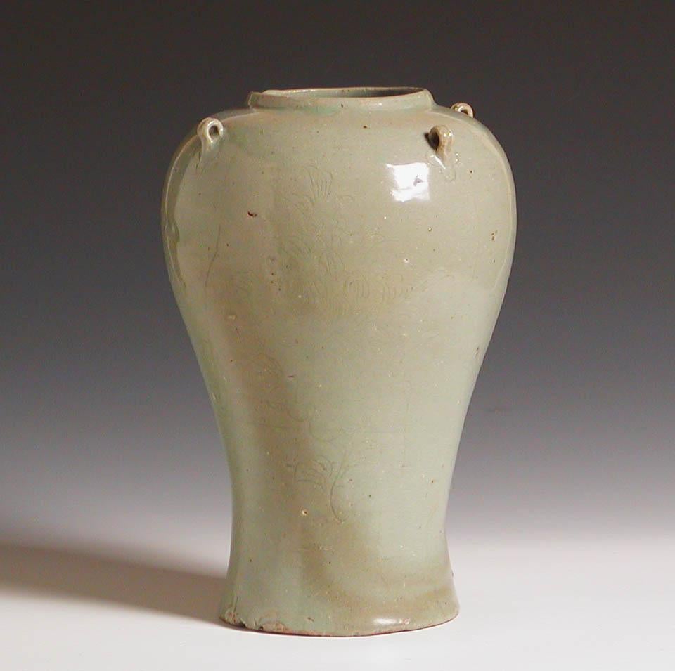 Fired Korean Celadon  Jar with Four Handles. Goryeo dynasty, 12th century. For Sale