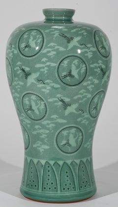 Korean Celadon Maebyeong Vase, Flying Cranes and Clouds