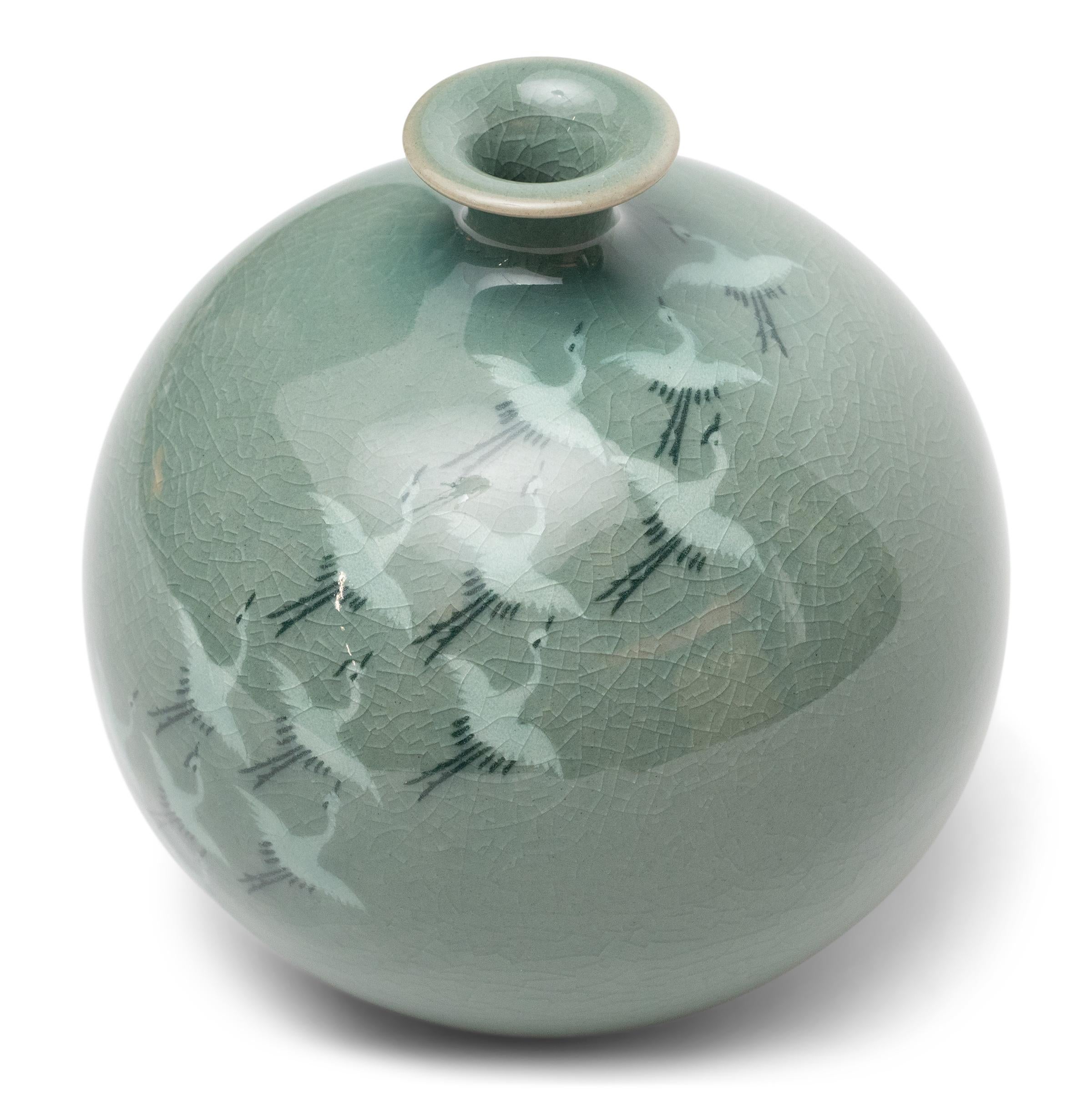 North Korean Korean Celadon Vase with Cranes in Flight For Sale