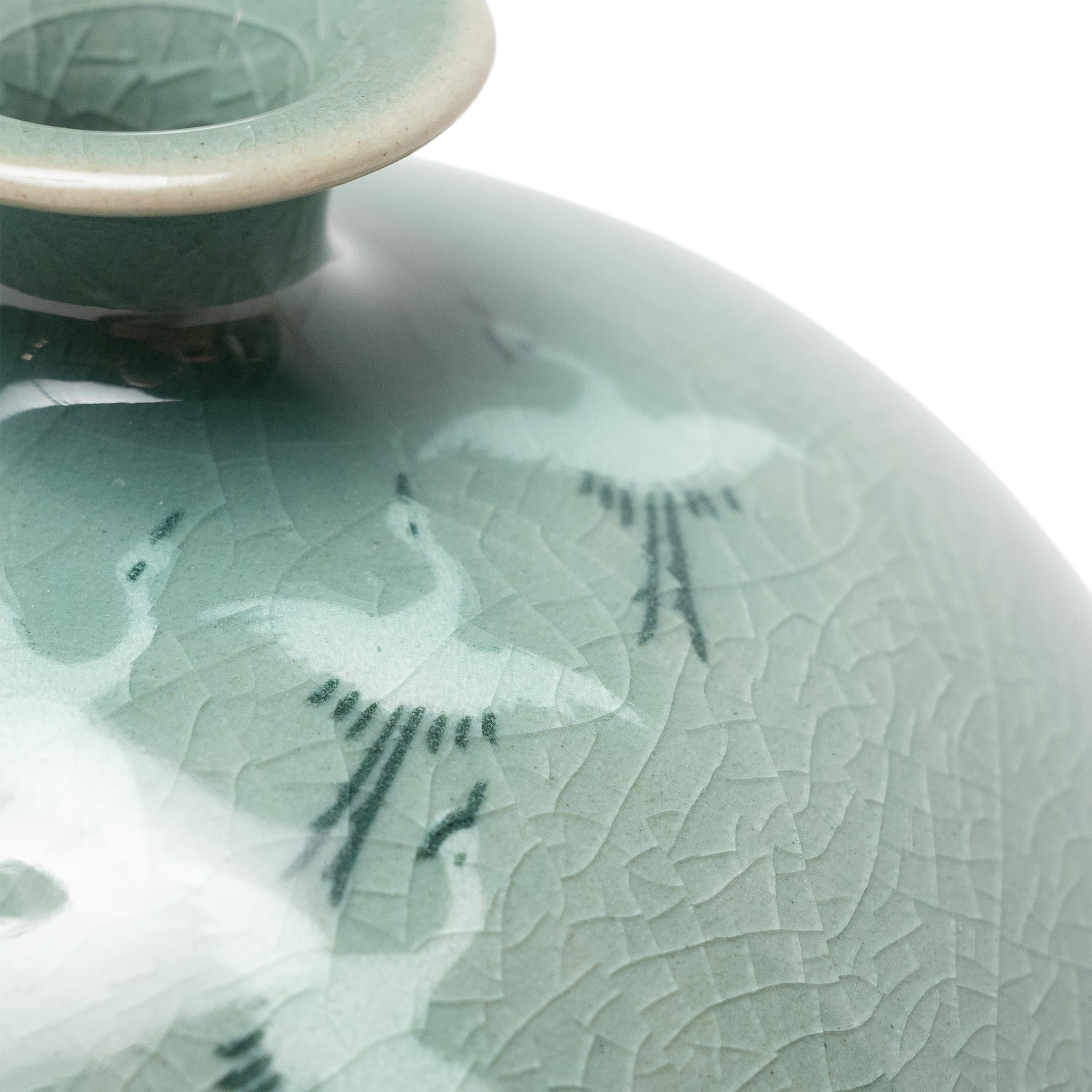 Glazed Korean Celadon Vase with Cranes in Flight For Sale