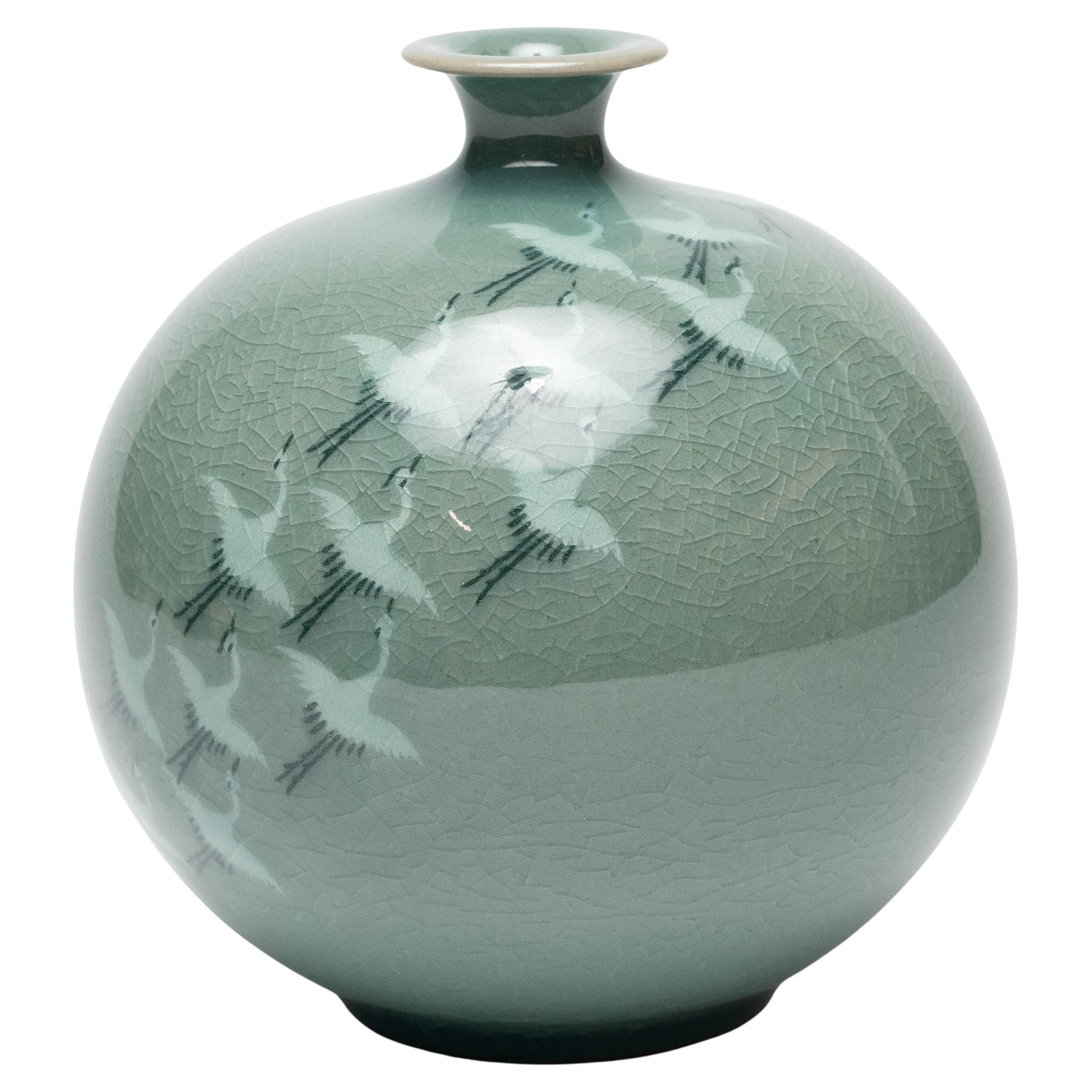 Korean Celadon Vase with Cranes in Flight