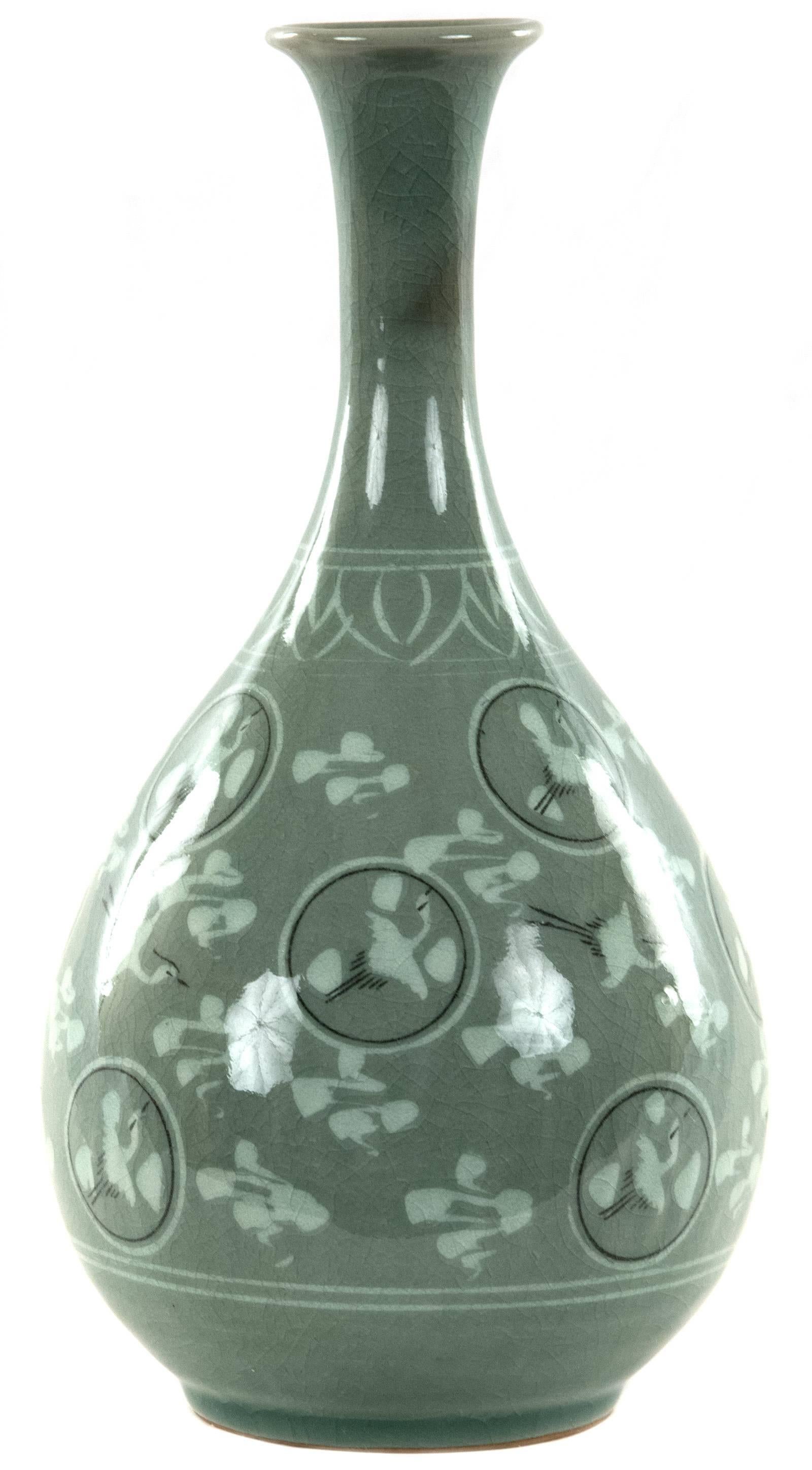 korean celadon vase with cranes