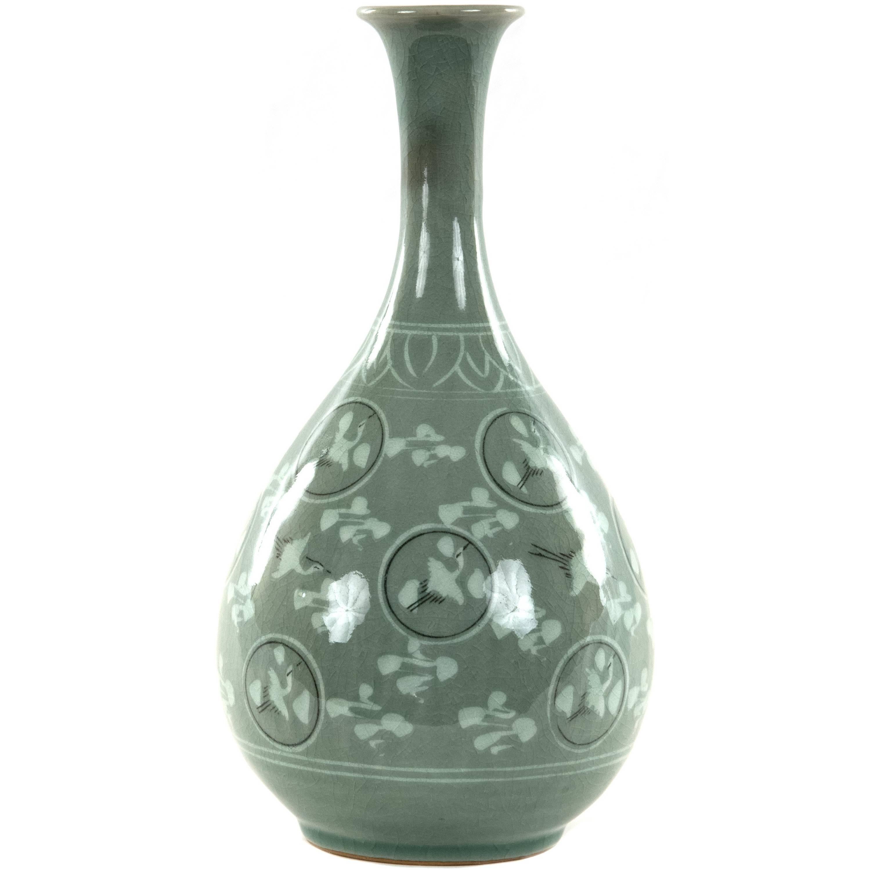 Korean Celadon Vase with Flying Cranes and Cloud Design at 1stDibs