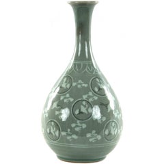 Korean Celadon Vase with Flying Cranes and Cloud Design