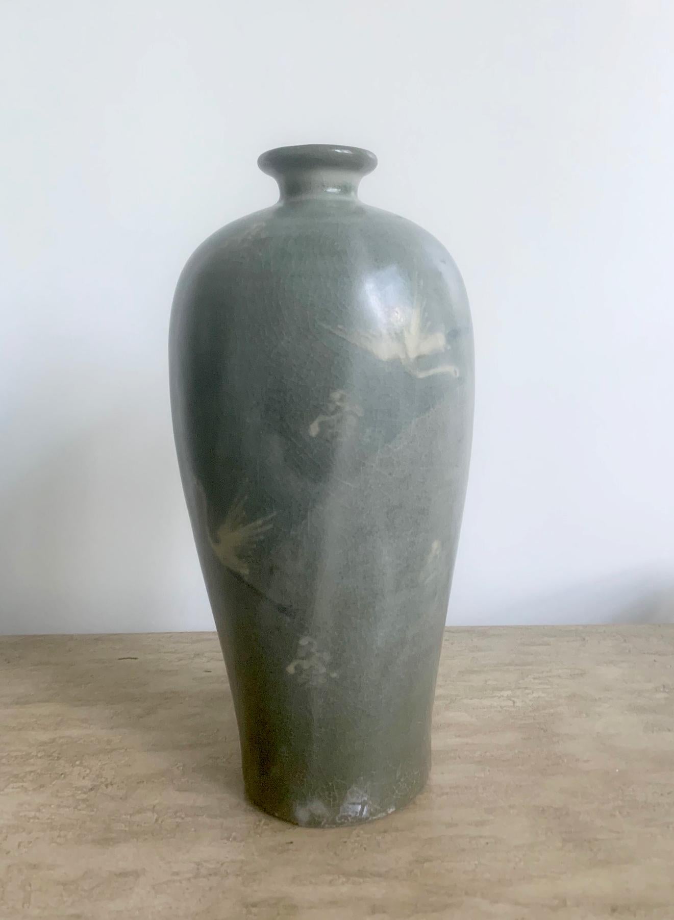 Korean Celadon Vase with Slip Inlay Goryeo Style In Good Condition In Atlanta, GA