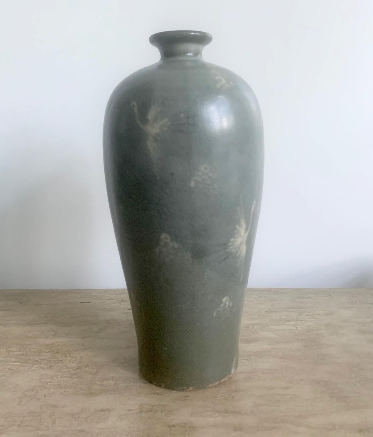 20th Century Korean Celadon Vase with Slip Inlay Goryeo Style