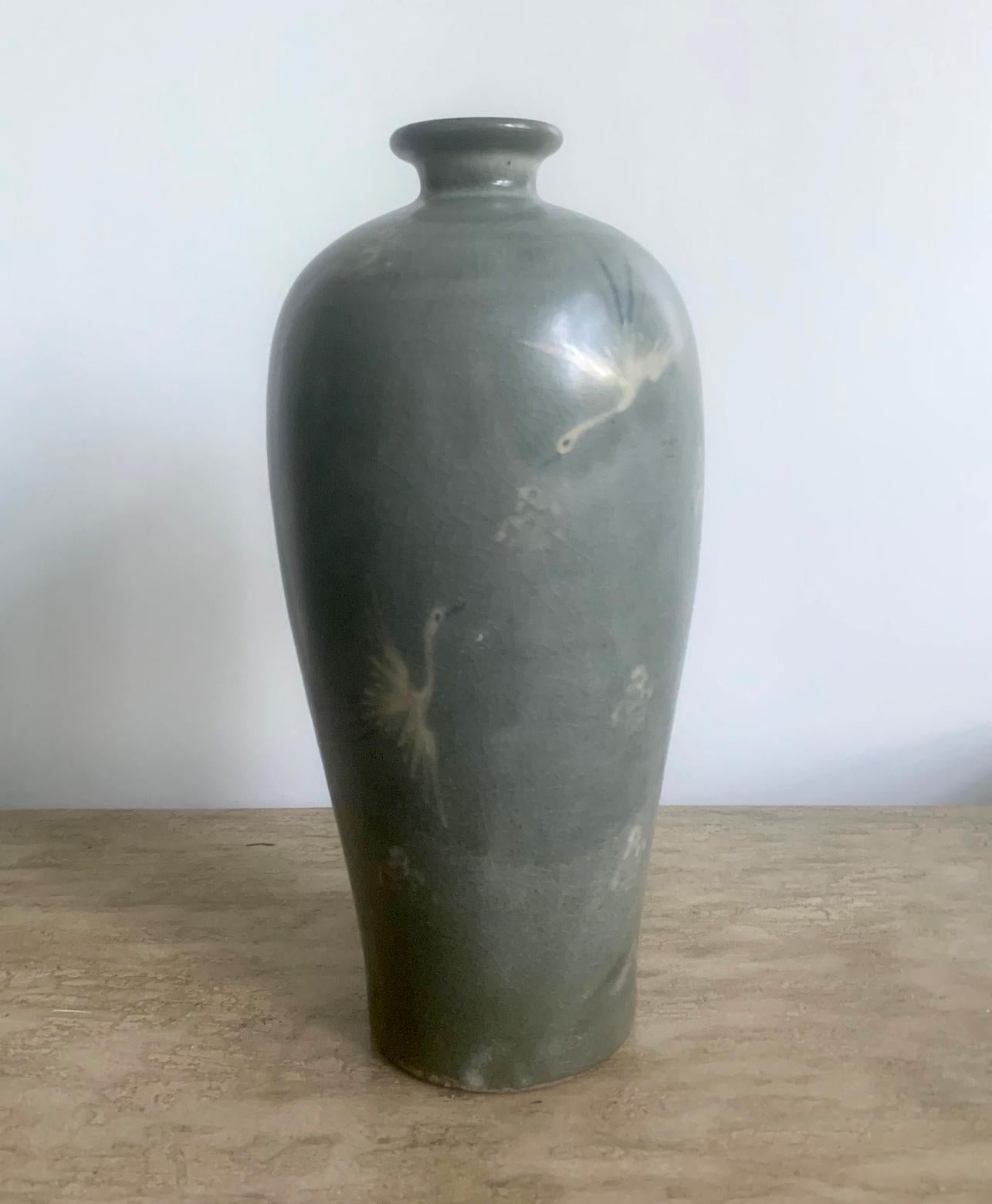 Ceramic Korean Celadon Vase with Slip Inlay Goryeo Style