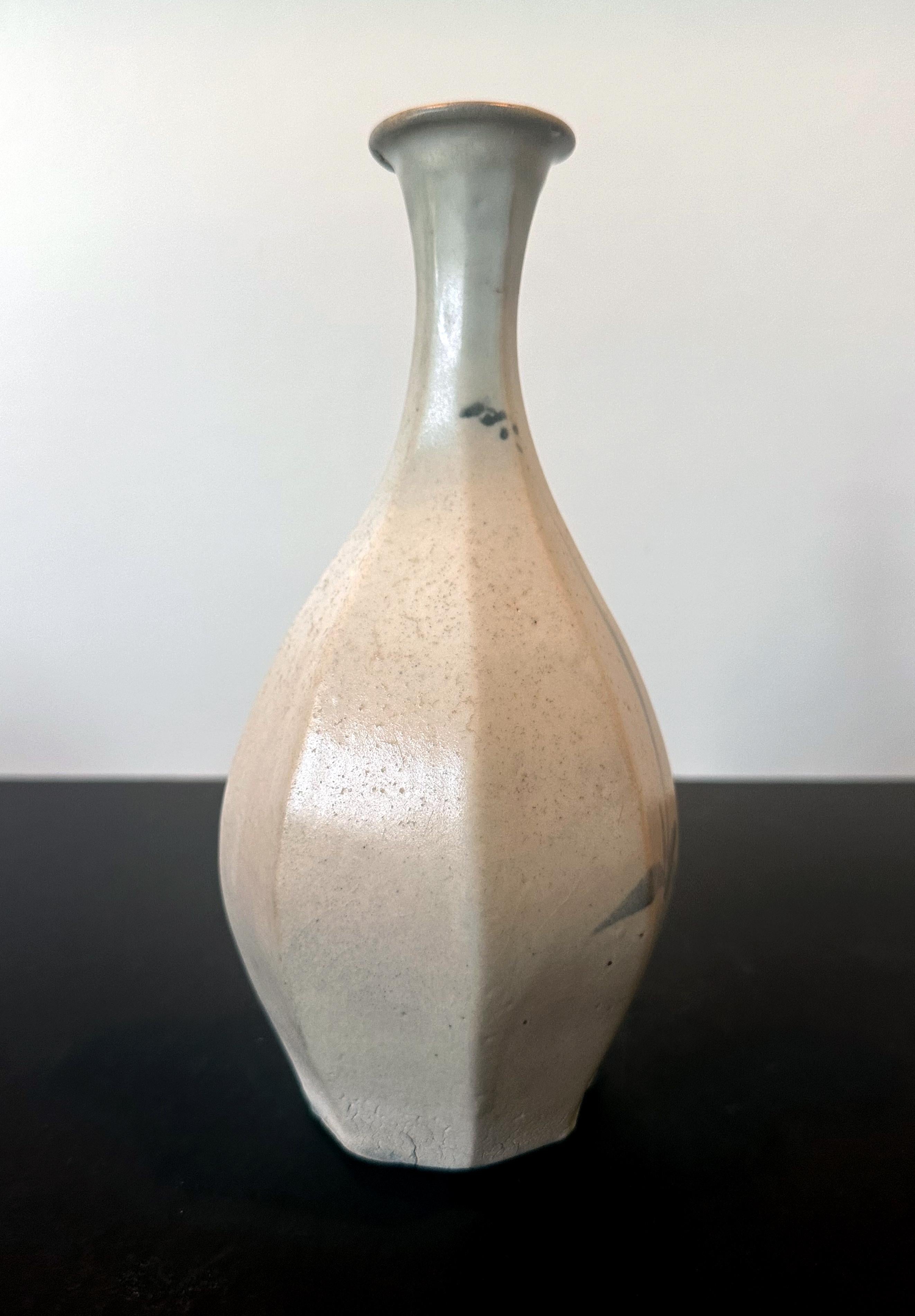 Archaistic Korean Ceramic Faceted Blue and White Bottle Vase Joseon Dynasty