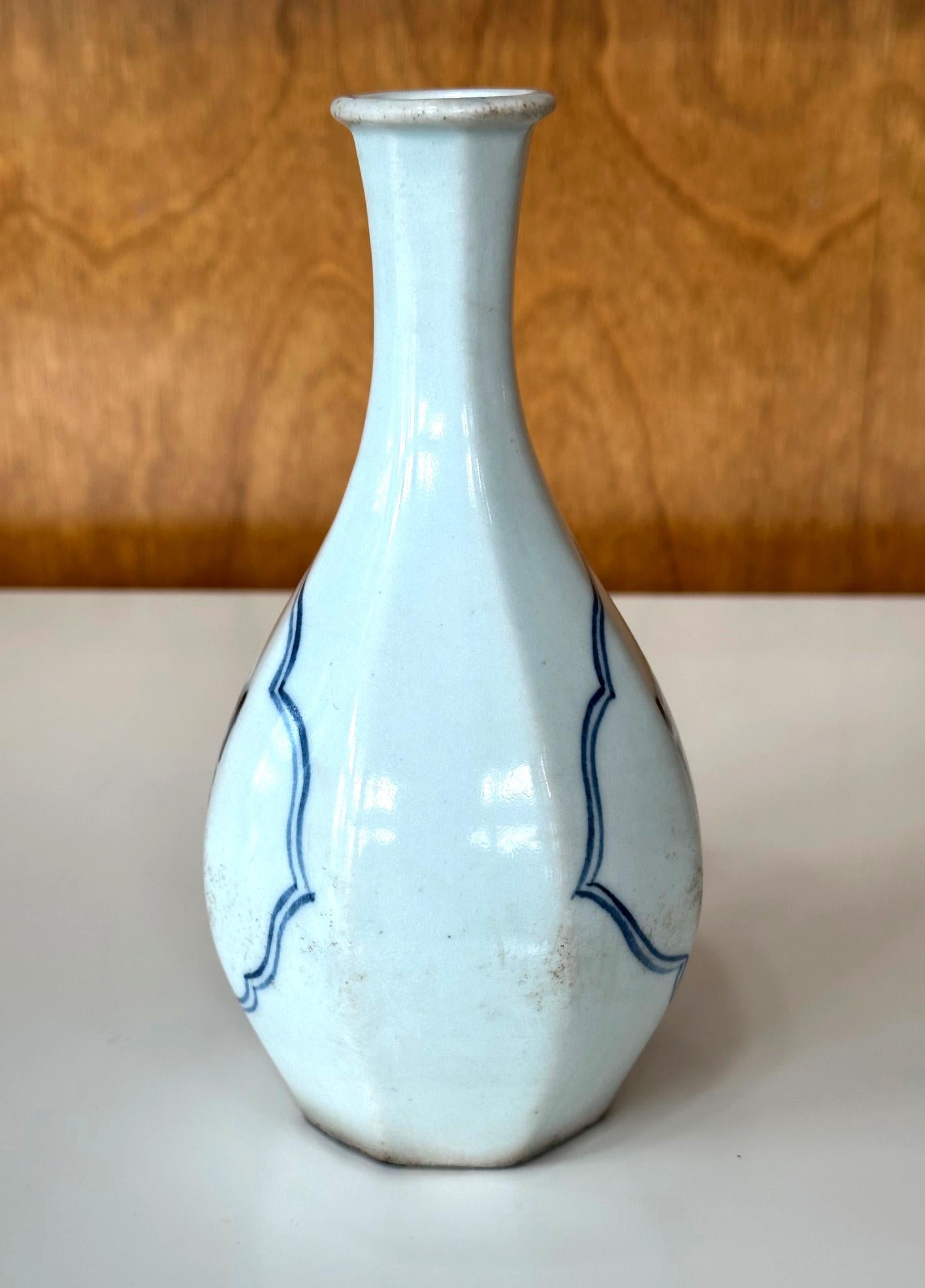 Glazed Korean Ceramic Faceted Blue and White Bottle Vase Joseon Dynasty For Sale