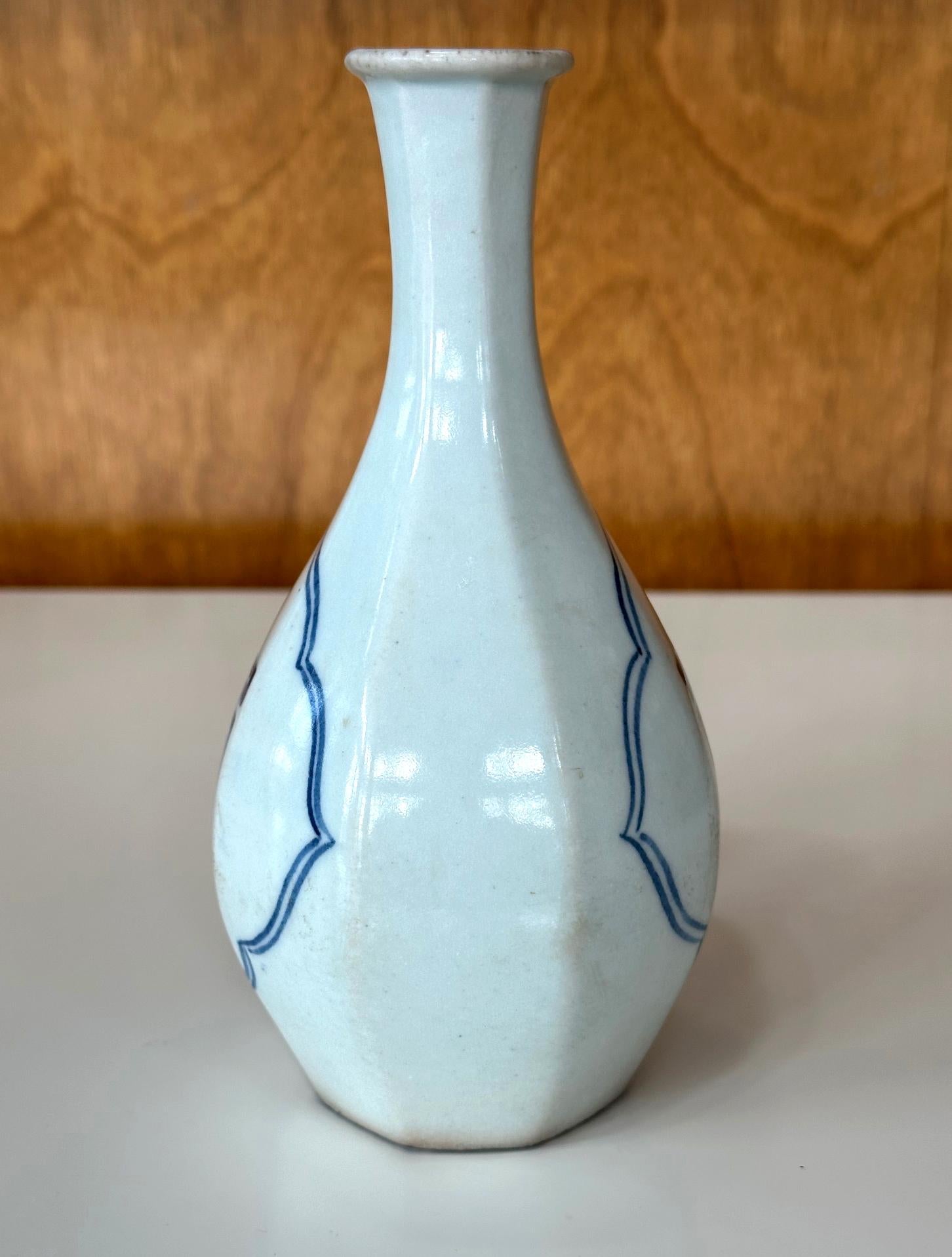 19th Century Korean Ceramic Faceted Blue and White Bottle Vase Joseon Dynasty For Sale