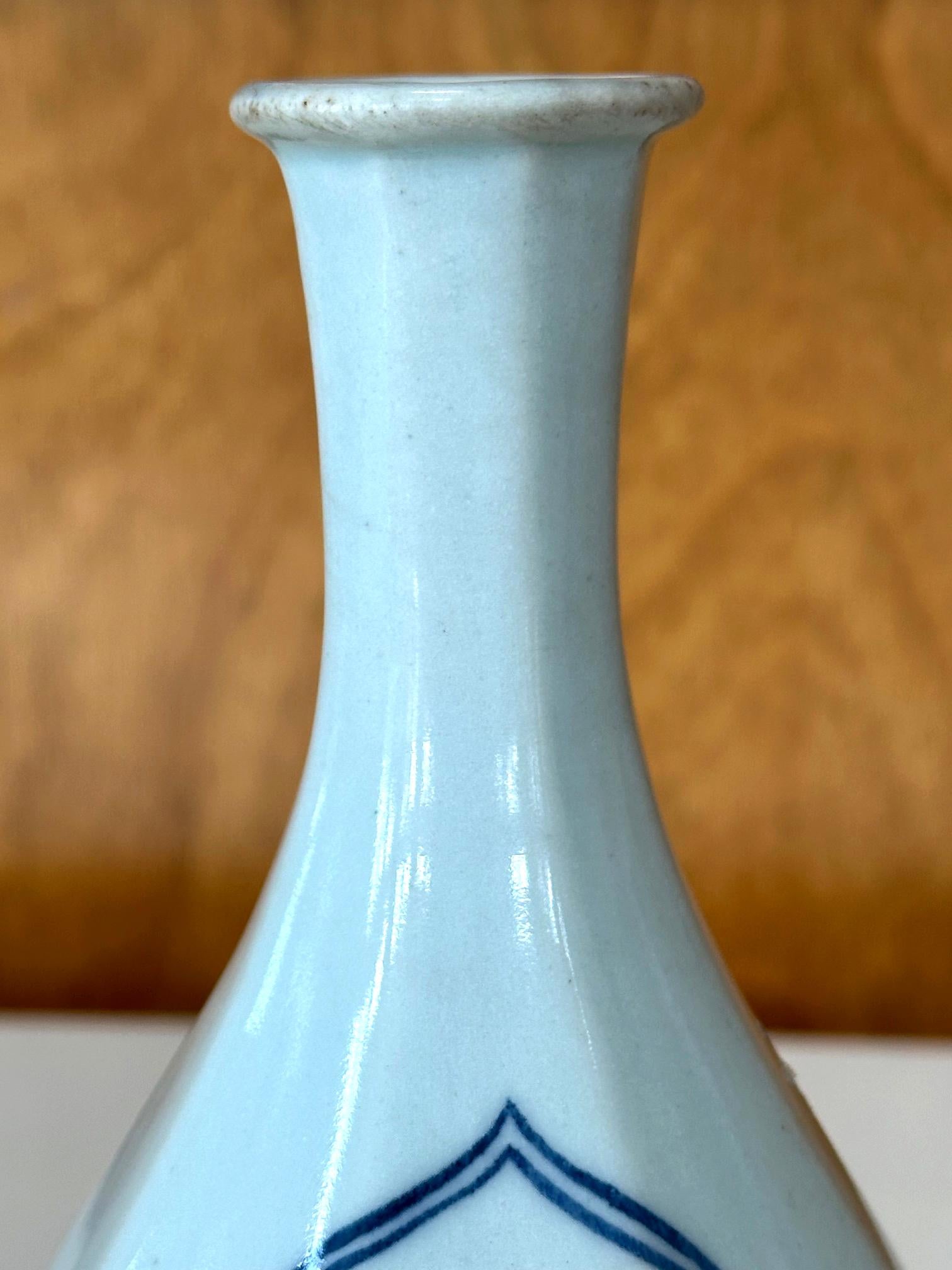 Korean Ceramic Faceted Blue and White Bottle Vase Joseon Dynasty For Sale 1