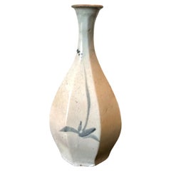 Korean Ceramic Faceted Blue and White Bottle Vase Joseon Dynasty