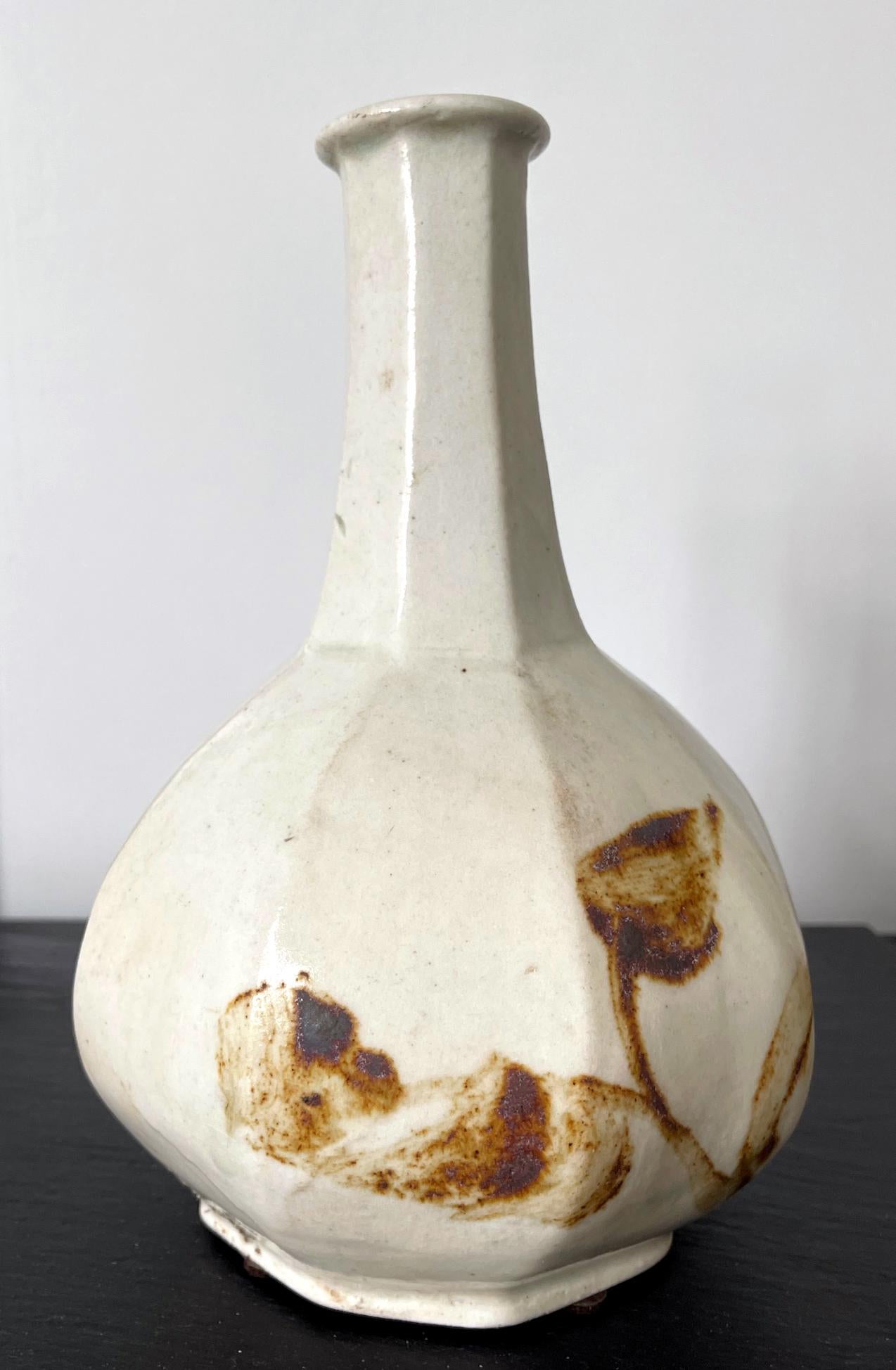 Archaistic Korean Ceramic Faceted Wine Bottle Vase Joseon Dynasty For Sale