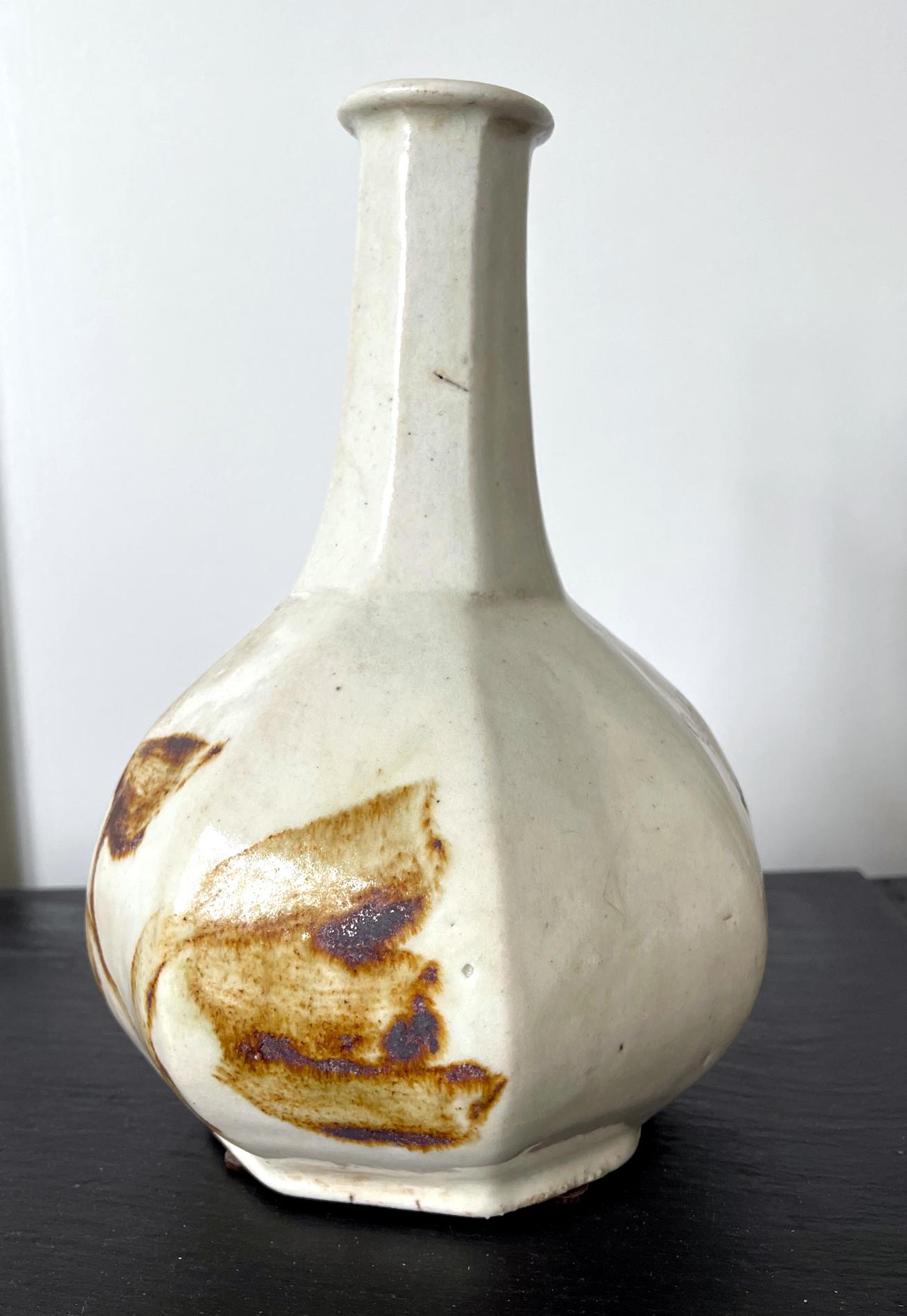 Glazed Korean Ceramic Faceted Wine Bottle Vase Joseon Dynasty For Sale