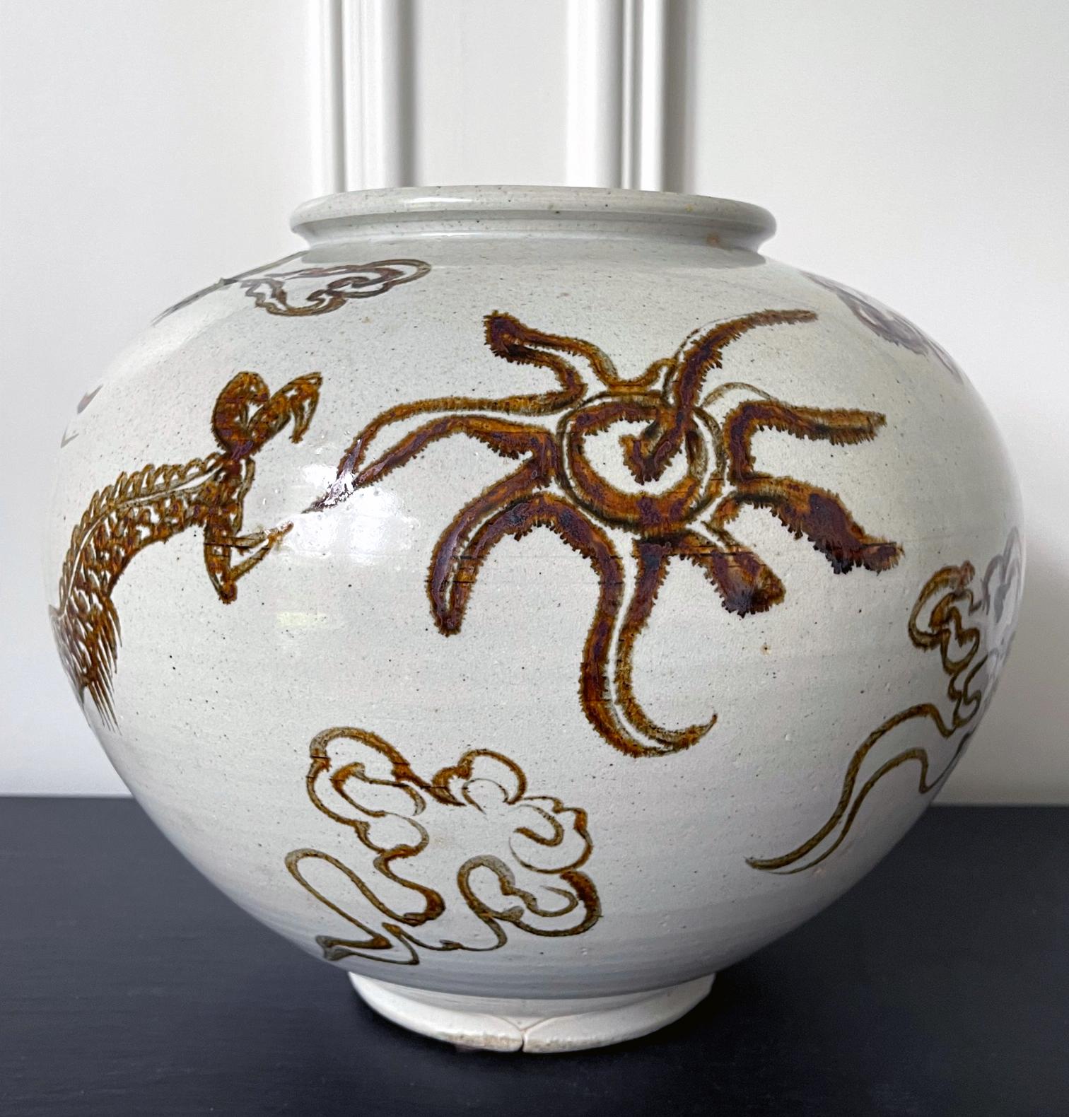 Archaistic Korean Ceramic Moon Jar with Dragon Joseon Dynasty For Sale