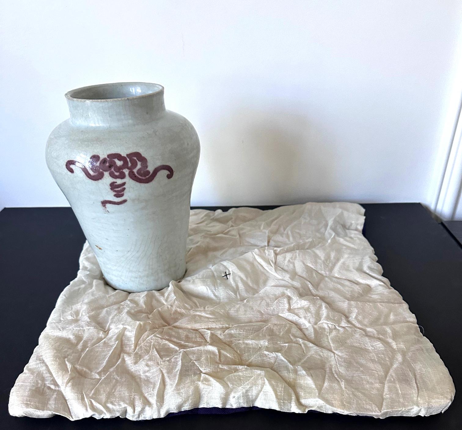 Other Korean Ceramic White Jar with Iron Red Cloud Motif Joseon Dynasty For Sale