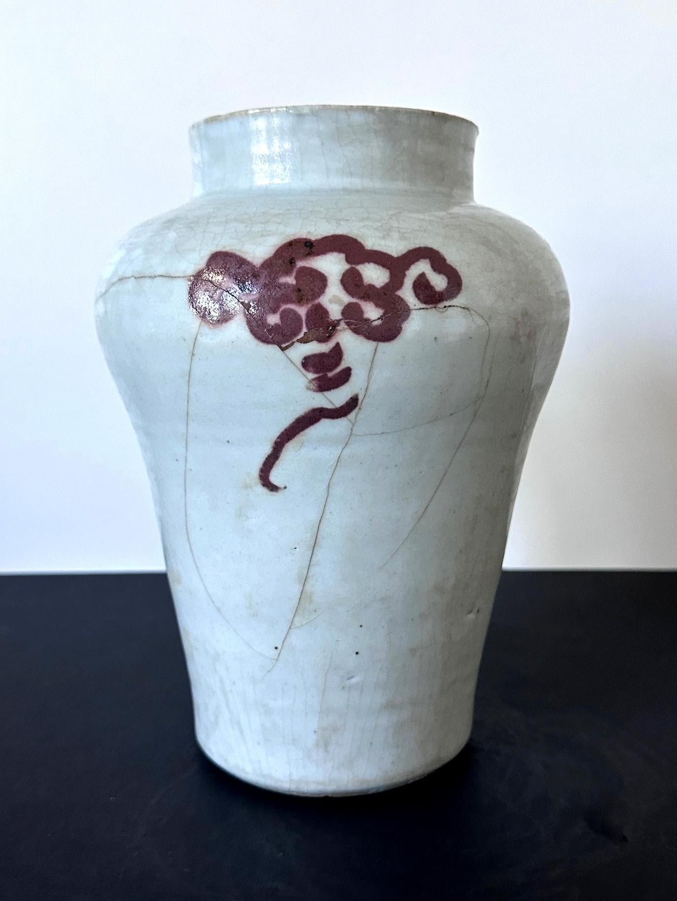 Korean Ceramic White Jar with Iron Red Cloud Motif Joseon Dynasty For Sale 1