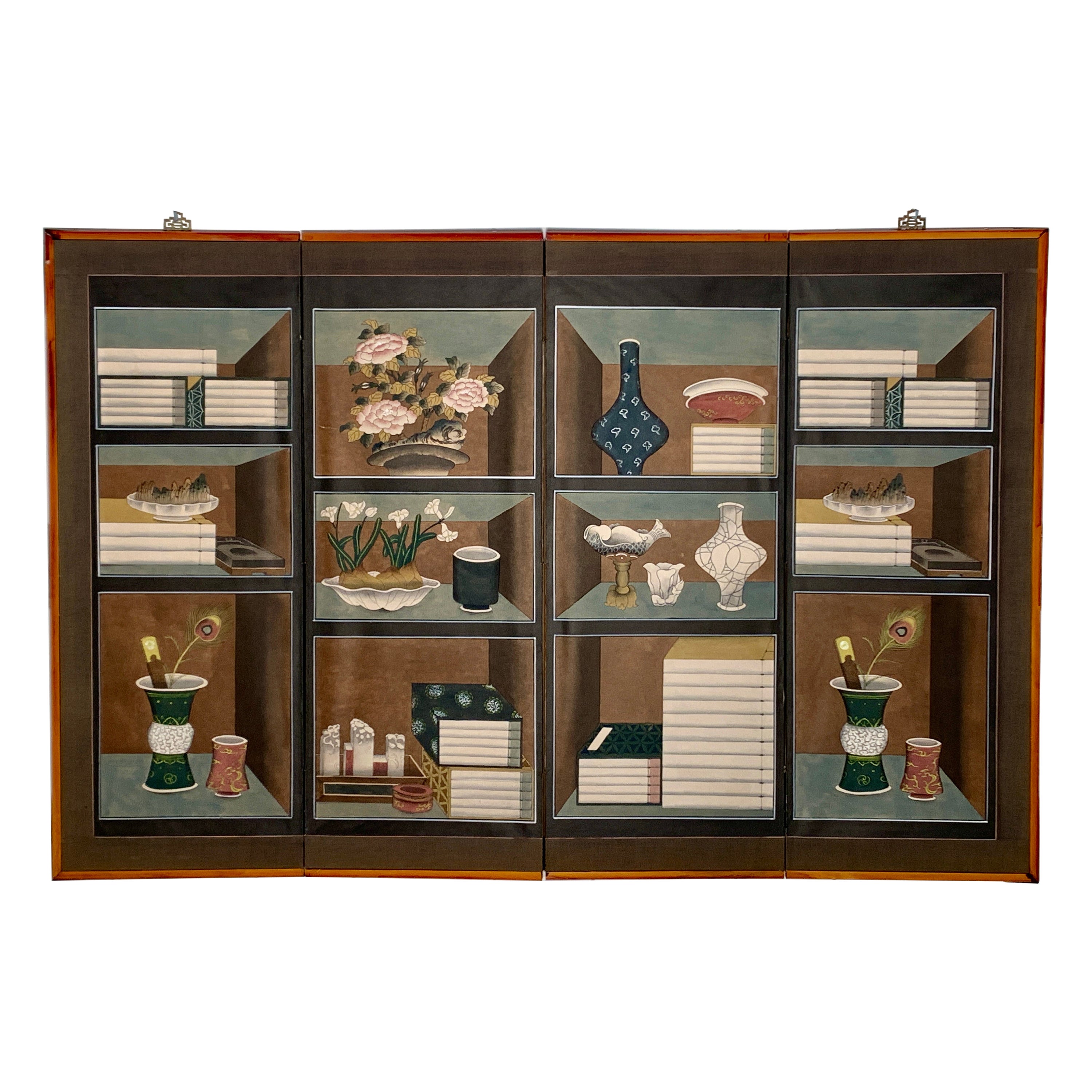 Korean Chaekgeori Four Panel Painted Screen, Early 20th Century, Korea